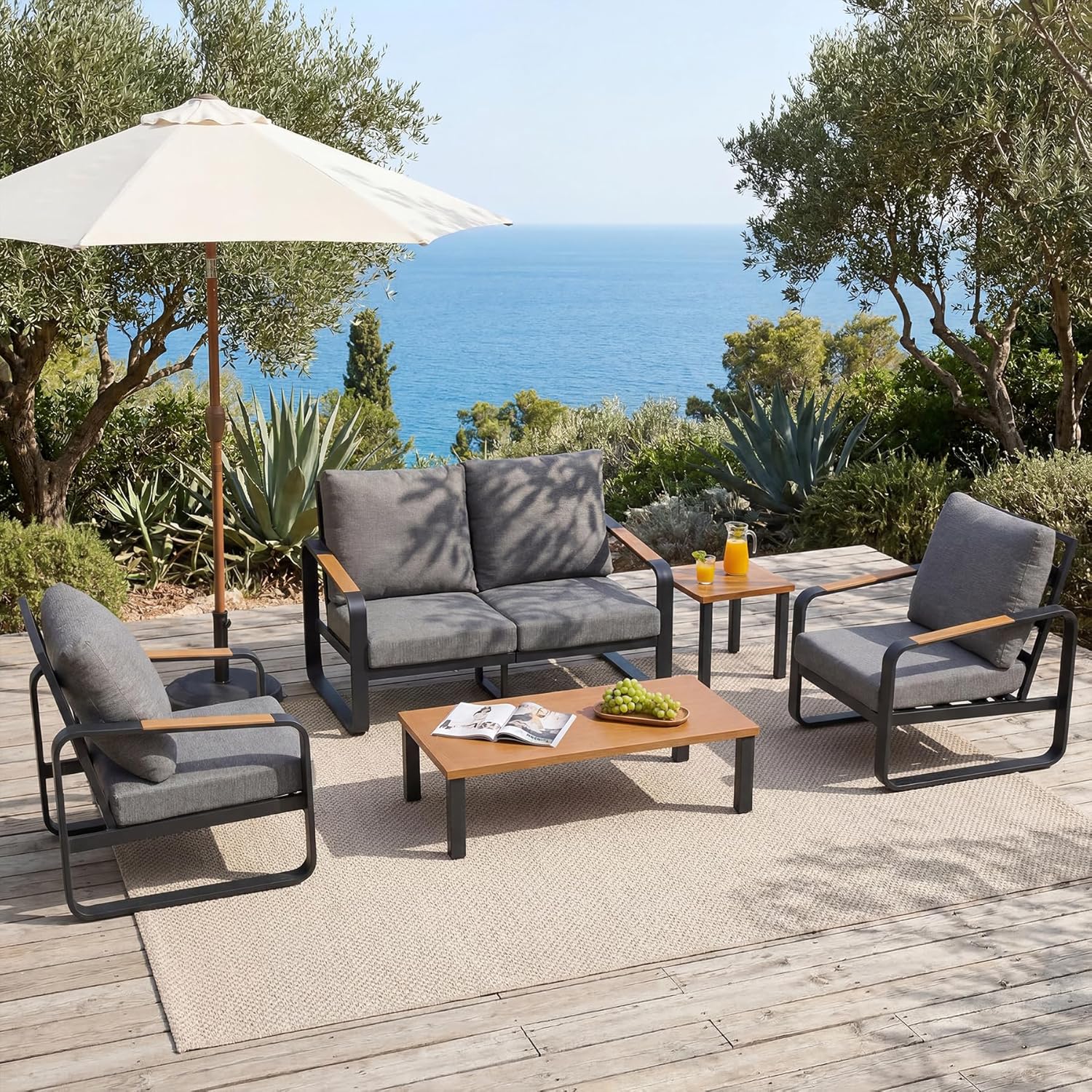 Tribesigns 5-Piece Outdoor Patio Furniture Set with 2 Chairs, 1 Loveseat, 1 Coffee Table & 1 Side Table, Black Metal Frame with 6'' Thick Cushion, Modern Outdoor Conversation Set for Poolside, Gray