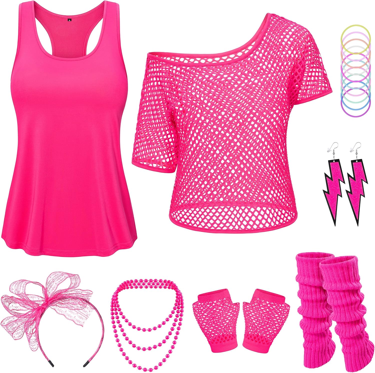 Yuriko Women 80s Outfit Party Costumes Fishnet Neon Off Shoulder T-Shirt Two Pieces With 80s Fancy Dress Costume Accessories