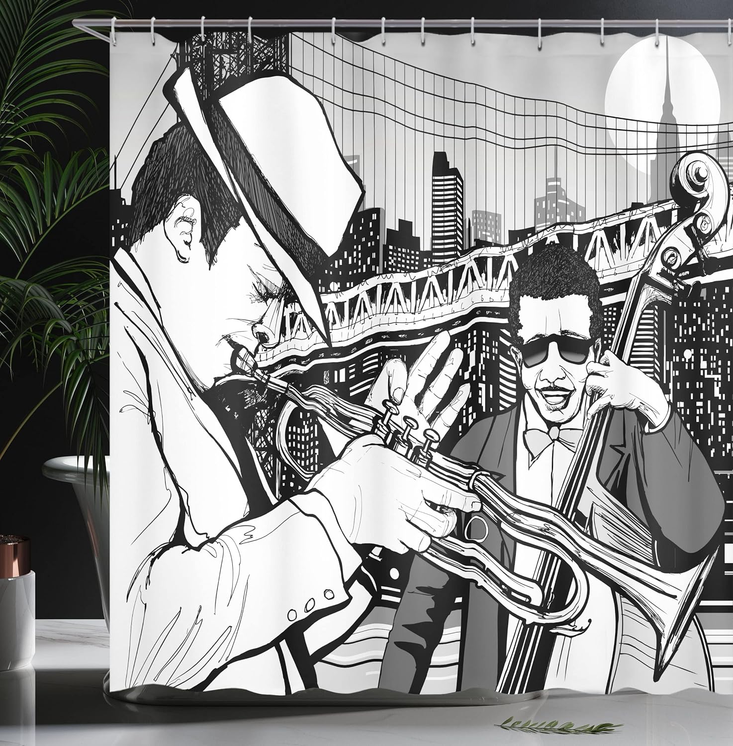 Ambesonne Music Shower Curtain, Illustration of Jazz Band Playing The Blues in New York in Moonlight Retro Design, Cloth Fabric Bathroom Decor Set with Hooks, 69" W x 84" L, Black White
