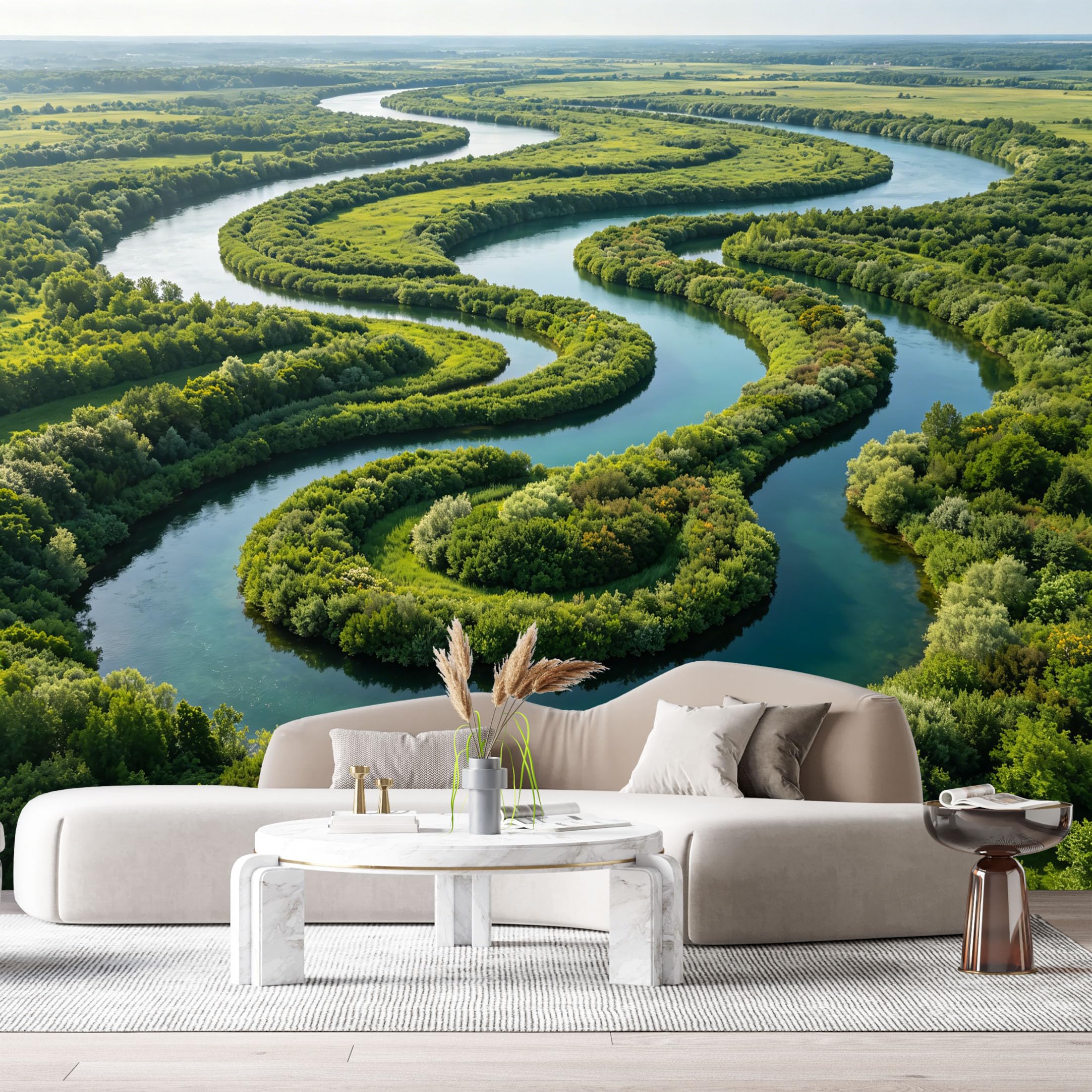Custom Size Wall Murals Serene River Landscape Meandering Waterway Green Forest Oil Painting Style SelfAdhesive Wall Fabric Removable Large Wallpaper for Photo Living Room