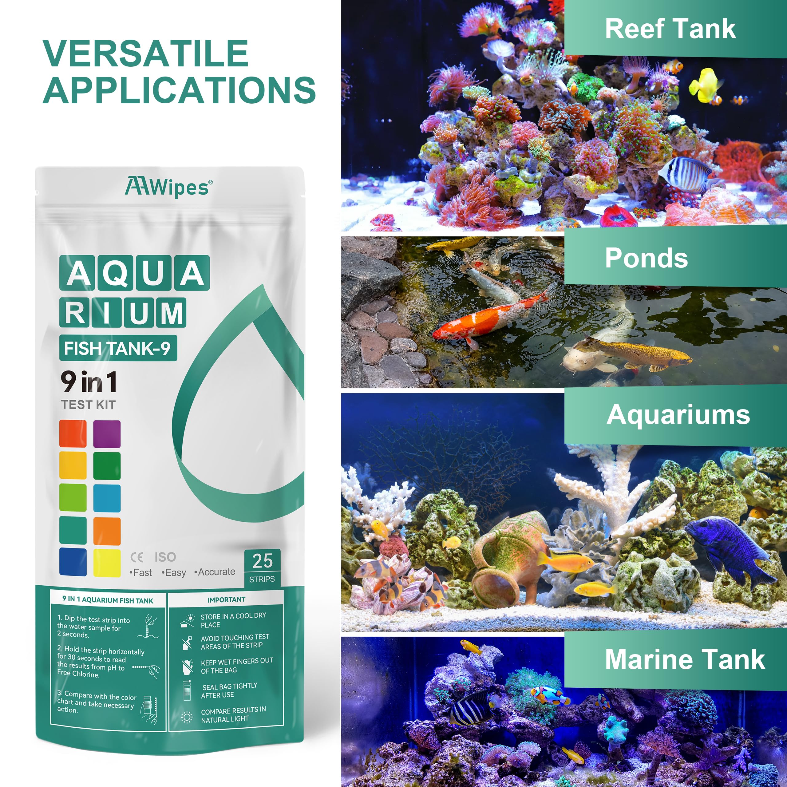 AAwipes Fish Tank Marine Water Test Strips 9-in-1 |25 Strips | Freshwater, Saltwater & Reef Tanks Quick & Accurate Test pH, Carbonate, Copper, Alkalinity, Hardness, Chlorine, Nitrate, Nitrite, etc - image 5