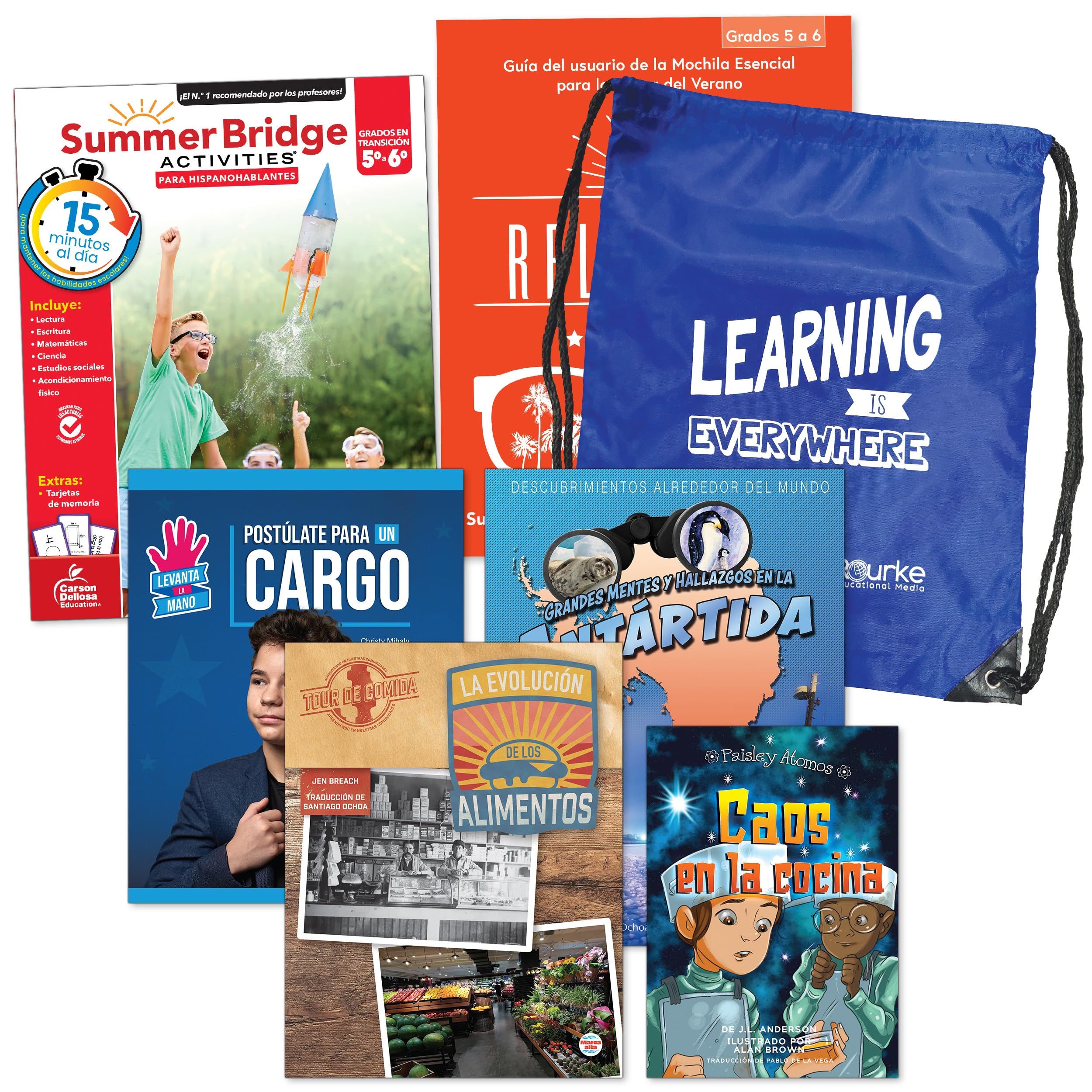 Summer Bridge Activities Grades 5-6 Spanish Summer Learning Backpack, Spanish Language 5th Grade to 6th Grade Workbook All Subjects, Flash Cards, and Nonfiction & Fiction Children's Books