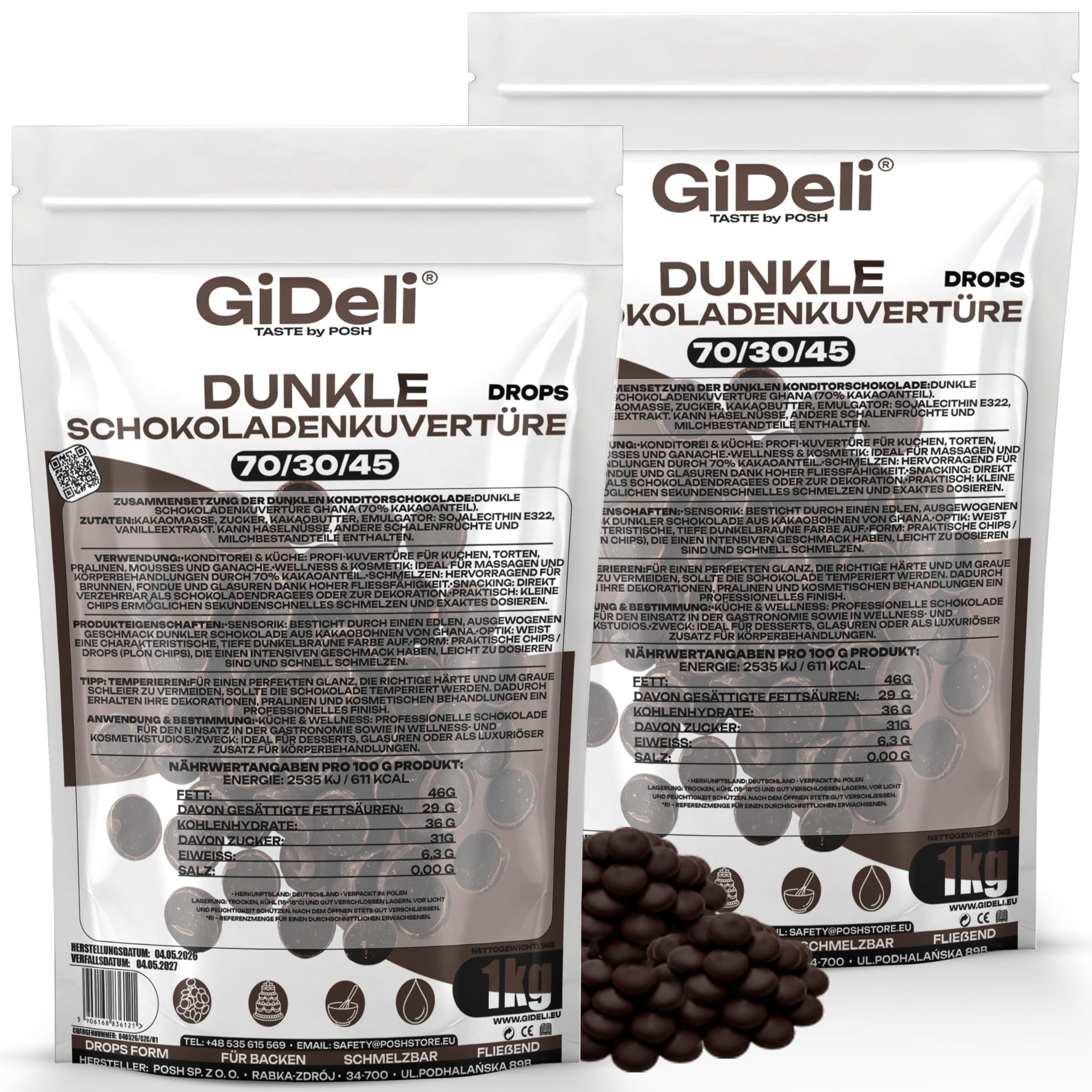GiDeli Dunkle Schokoladenkuvertüre 70% Drops 2x1kg - Professionelle Zartbitterschokolade zum Temperieren - Kakao aus Ghana - Fließfähigkeit 45 - Ideal für Torten, Pralinen & Ganache