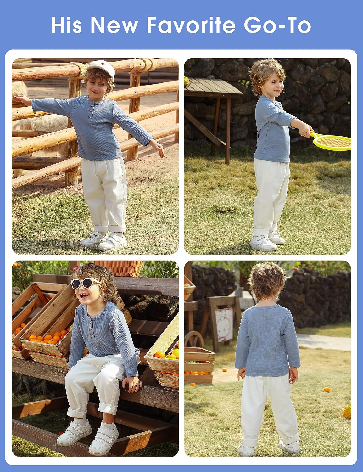 Boy Long Sleeve Henley Shirt, 3 Packs Kids Waffle T-Shirt, Toddler Basic Thermal Pullover Tops for 2-9Y