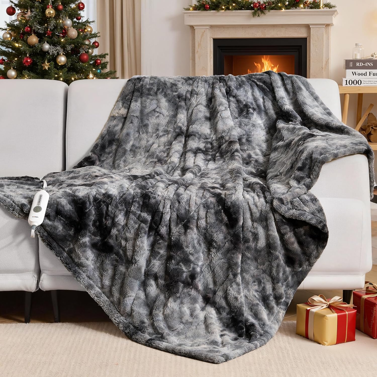 WOOMER Heated Blanket Throw 50" x 60", Electric Blanket Throw with 4 Heating Levels & 4H Auto Off, ETL Certified, Marble Grey Double-Sided Faux Fur, Over-Heat Protect, Machine Washable