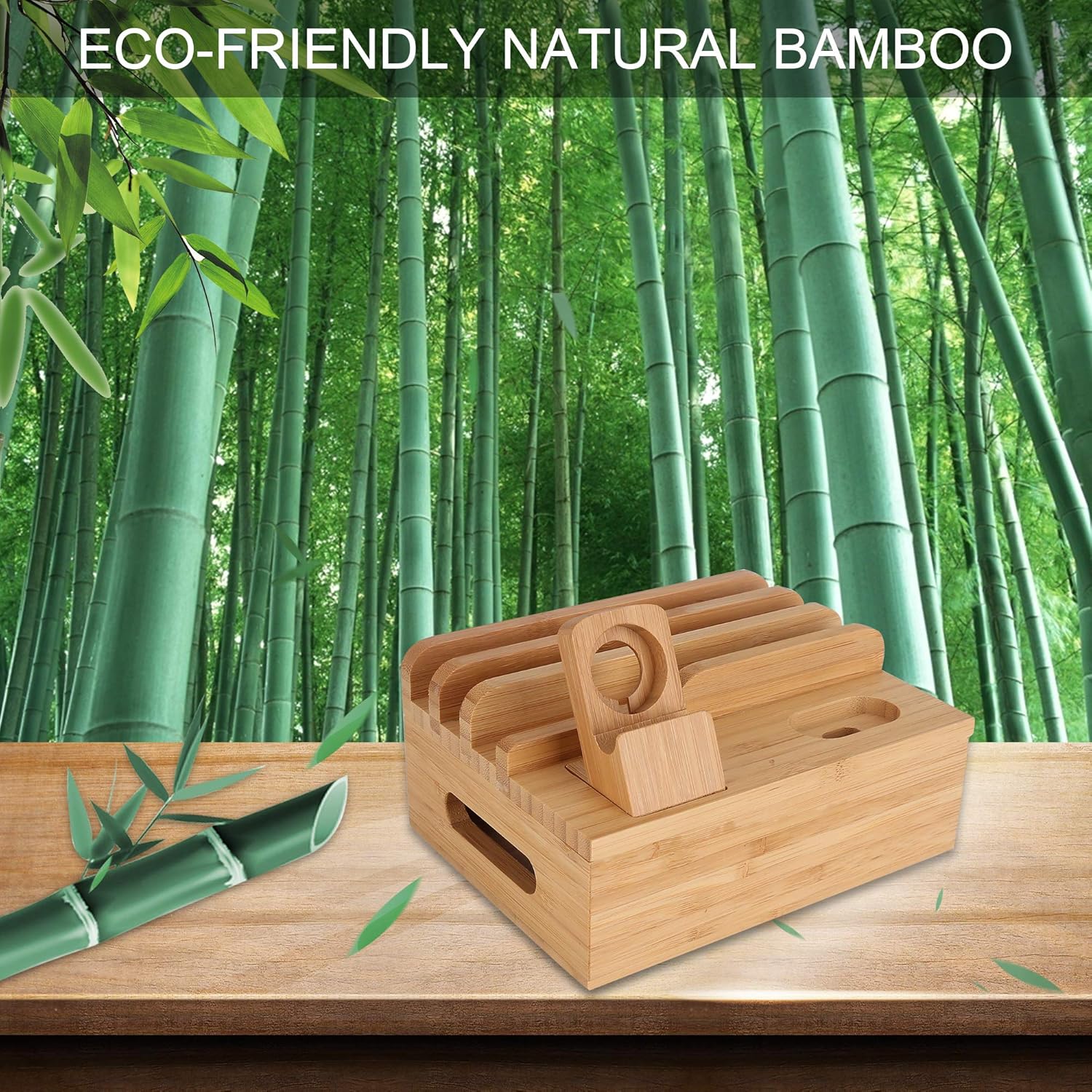 Bamboo Wood Desktop Organizer Charging Docking Station Charger Holder Cradle Charge Stand compatible with iPhone 16 15 Pro Max iPad Apple Watch Ulrta 10 9 8 7 6 5 4 iWatch AirPods Pro 2 3 4 Smartphone