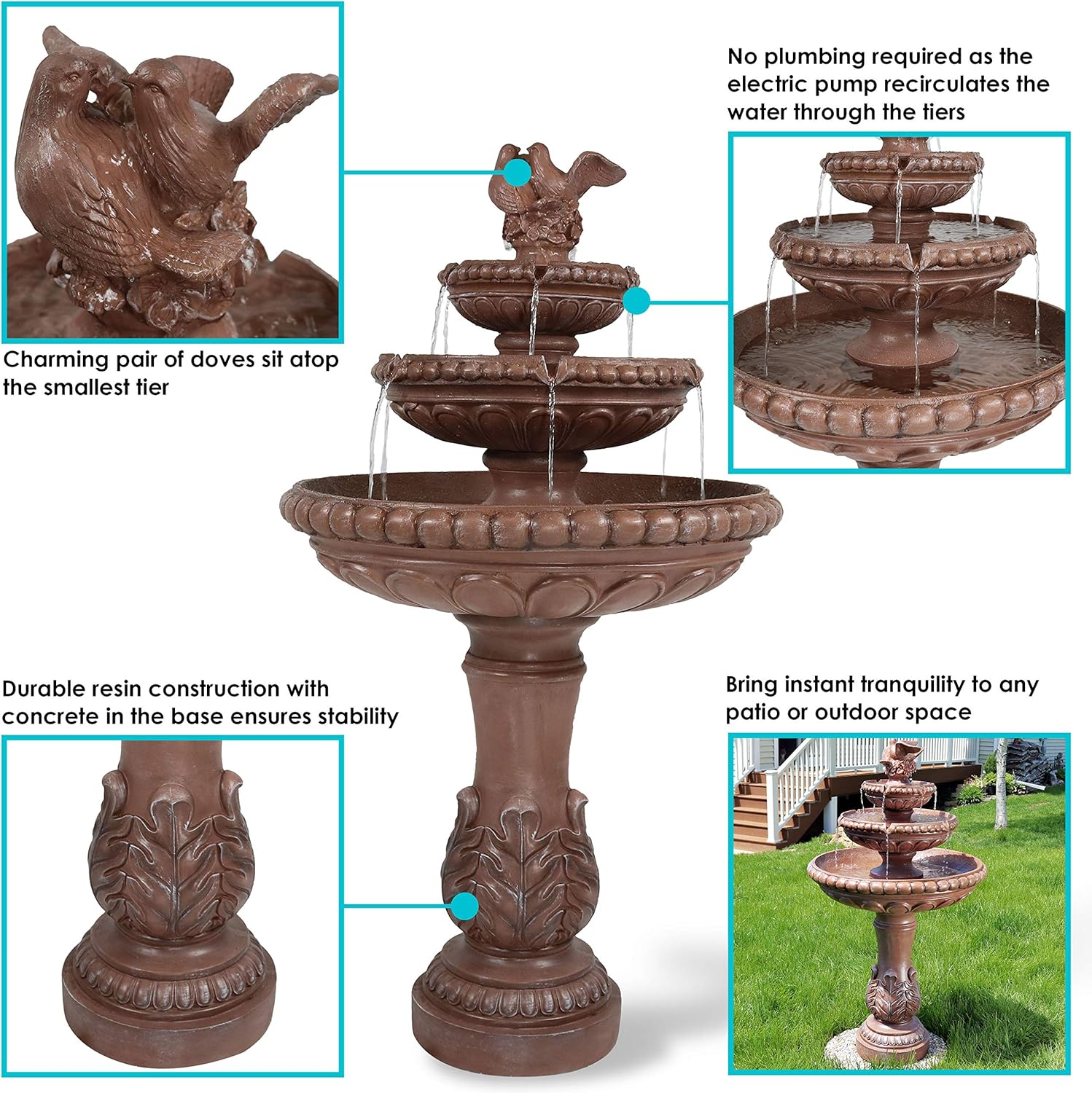 Sunnydaze Dove Pair 43-Inch 3-Tier Outdoor Water Fountain with Electric Submersible Pump for Garden, Patio or Yard