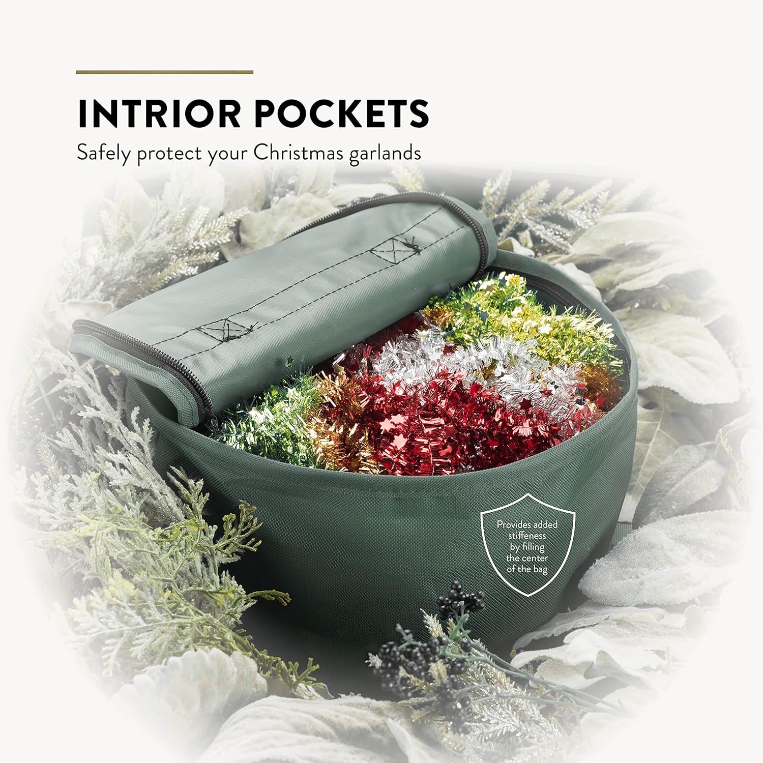 ZOBER Christmas Wreath Storage Container 36 Inch - Wreath Bag Fits 2 Wreaths Box - 600D Oxford Fabric - Interior Compartment for Storing Garlands, Wreaths Storage Bag W Strong Durable Handles - Green - Image 3