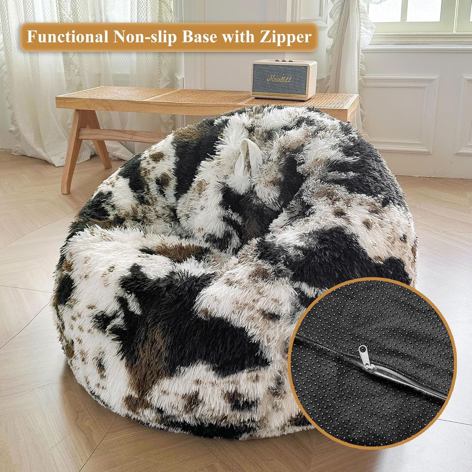 XeGe Cow Print Fluffy Bean Bag Chair Cover (No Filler), Faux Fur Brown Soft Replacement Stuffed Animal Storage Bean Bag Cover for Toys, Plush Shaggy Large Beanbag for Adults Kids, Anti-slip, Brown