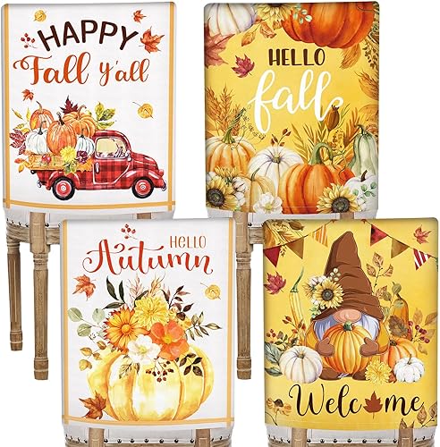 Blulu 4 piezas de fundas de respaldo para silla de otoño, diseño de calabaza, gnomo, camión, cosecha, fundas para sillas de comedor, fundas de