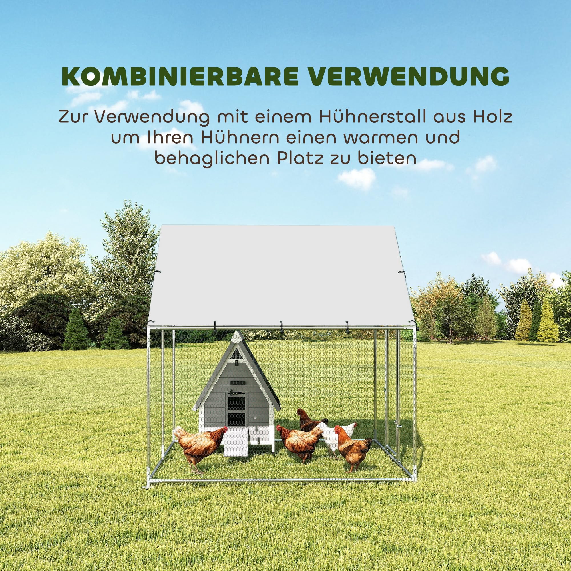 PawHut Freilaufgehege 2x2x2 m begehbarer Hühnerstall für Gänse Silber | Verzinkter Stahl, Hühnergehege, Wetterfeste UV-Dachabdeckung, Abschließbare Tür, Hühnerkäfig für Kaninchen, Enten