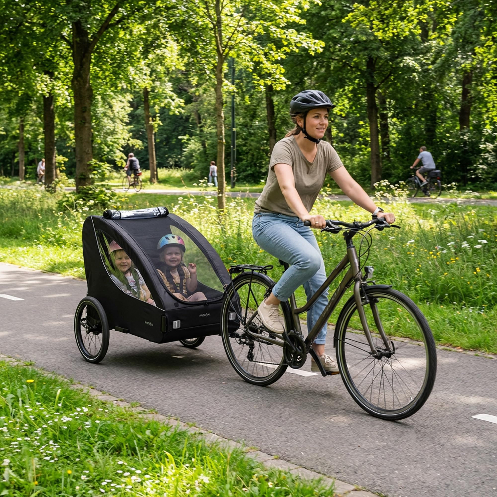 Track Fahrradanhänger für 2 Kinder ab 9 Monaten bis 22 kg/120 cm/6 Jahren, kompakt Faltbar, Mit Ablagekorb und 5-Punkt-Gurt, Max. 45 kg, Schwarz