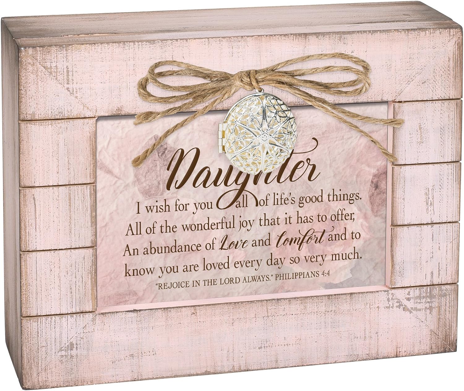 Cottage Garden Daughter You are Loved Much Blush Pink Distressed Locket Music Box Plays Amazing Grace