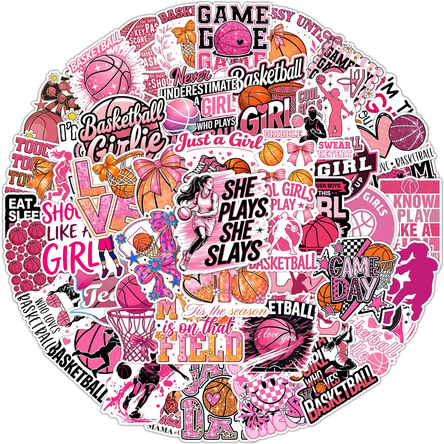 50PCS Basketball Stickers, Basketball Pink Stickers for Girls Teens Kids, Women Basketball Girl Sticker, Girly Sport Decal, Motivational Hoops Sticker for Laptop Water Bottle Phone