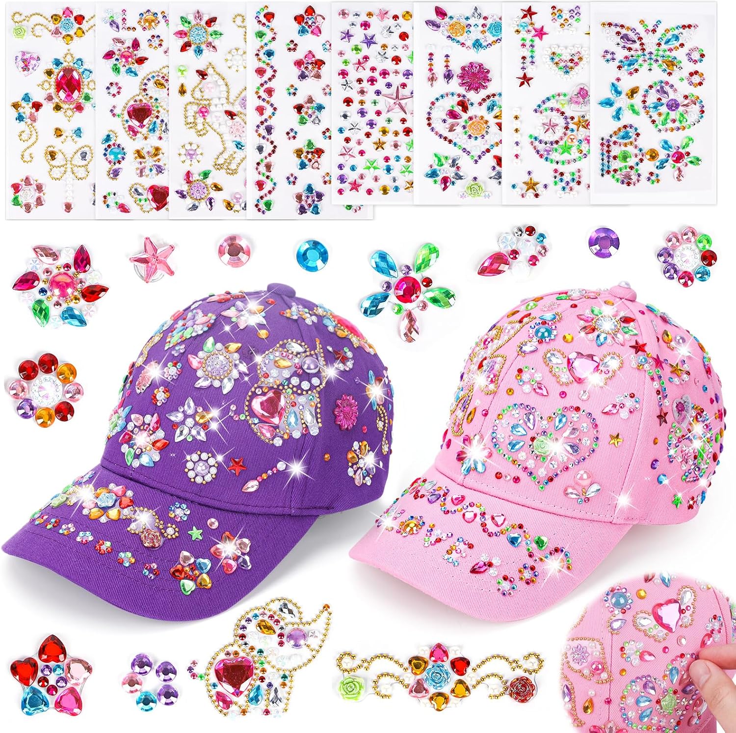 LITTLEFUN Decorate Your Own Baseball Cap with Glitter Gem Stickers for Kids Crafts Toys Gifts - Girls Birthday Presents
