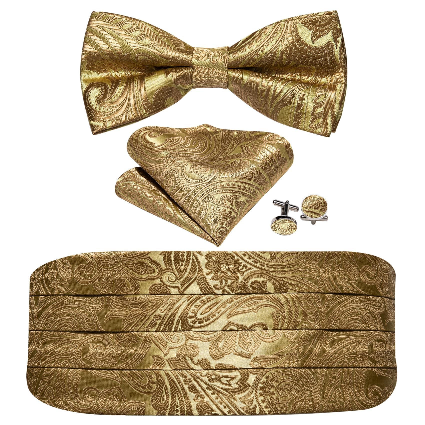 Cummerbund Bow Tie Set for Men, Silk Cummerbund Pretied Bow Tie Pocket Square Cufflinks