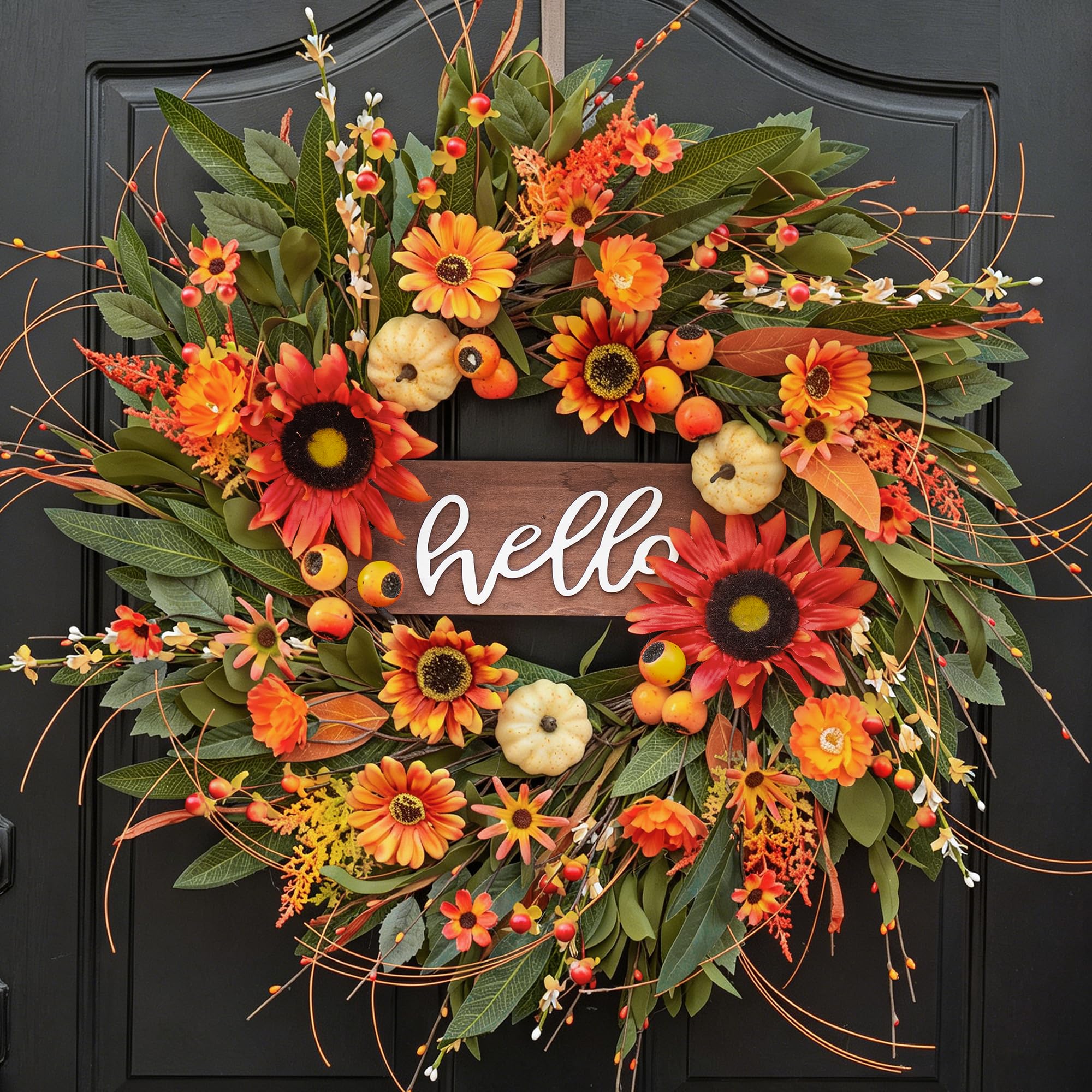 Pinkpuii 24 Inch Artificial Fall Wreath with Wooden Hello Sign