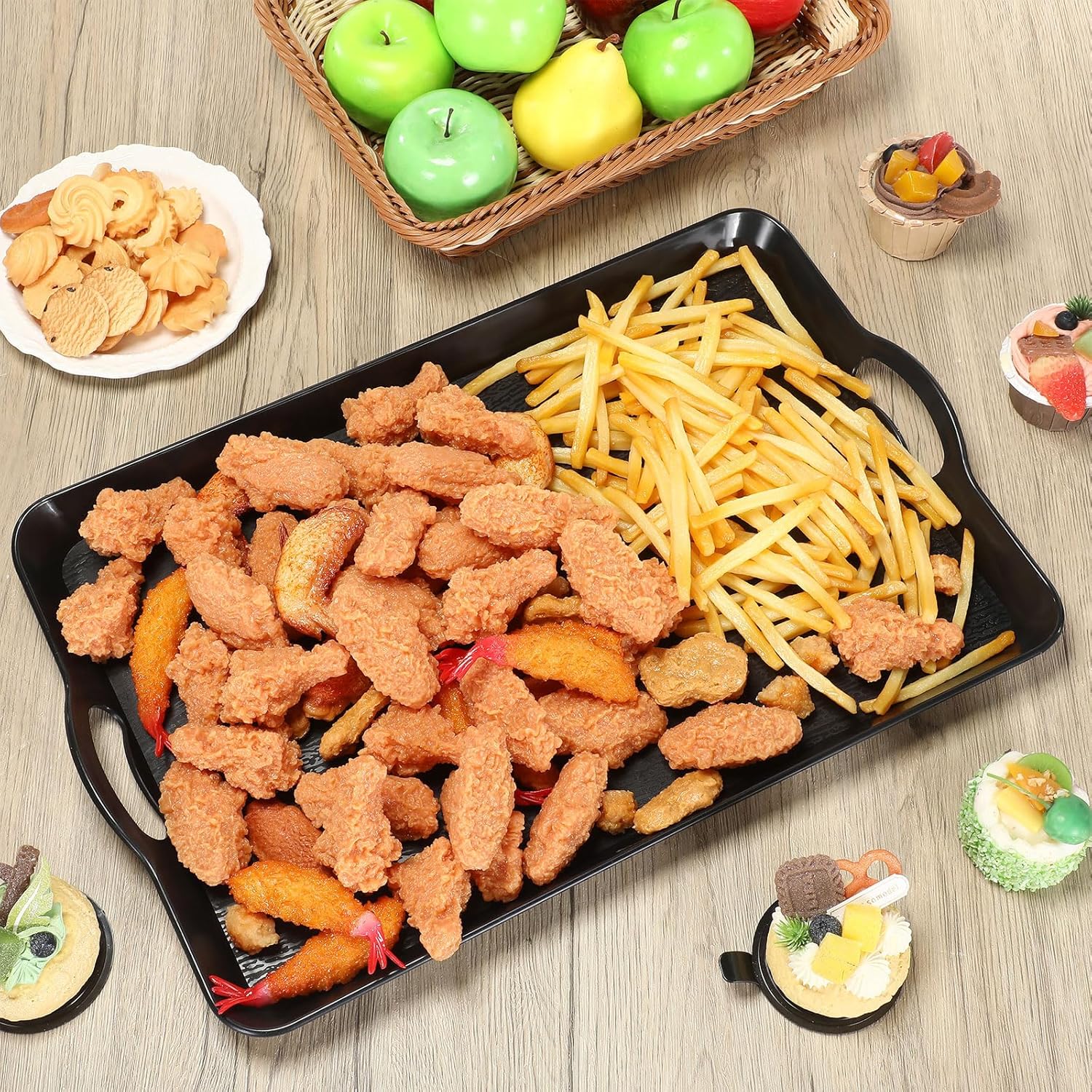 3 Pack Black Serving Tray with Handles 20.5"x13.4" Large Plastic Rectangular Ottoman Multi Purpose Kitchen Food Tray for Coffee Table, Restaurant, Parties