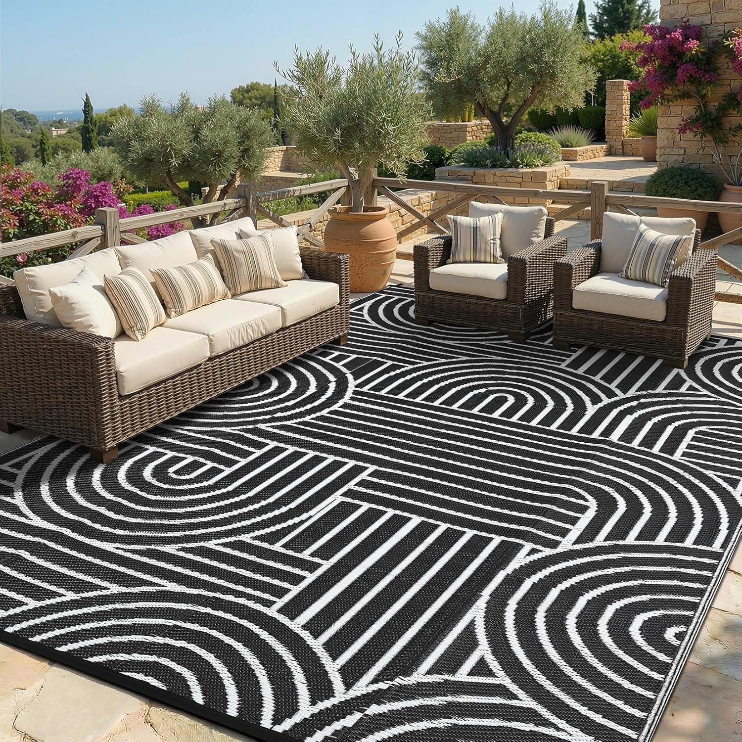 Garvee Reversible Rainbow Outdoor Rug 8x10, Waterproof Outdoor Plastic Straw Rug, RV Mat for Picnics, Patio, Camping, Balcony, Deck, Backyard, Porch, Black