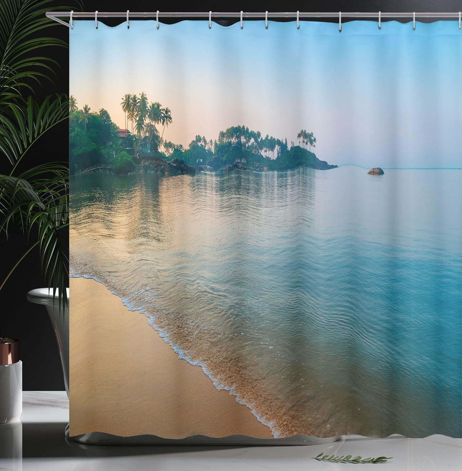 Ambesonne Ocean Shower Curtain, Morning Sun Rays and Palm Trees on The Edge of Summer Beach Relax Calm Theme, Cloth Fabric Bathroom Decor Set with Hooks, 69" W x 70" L, Cream Green