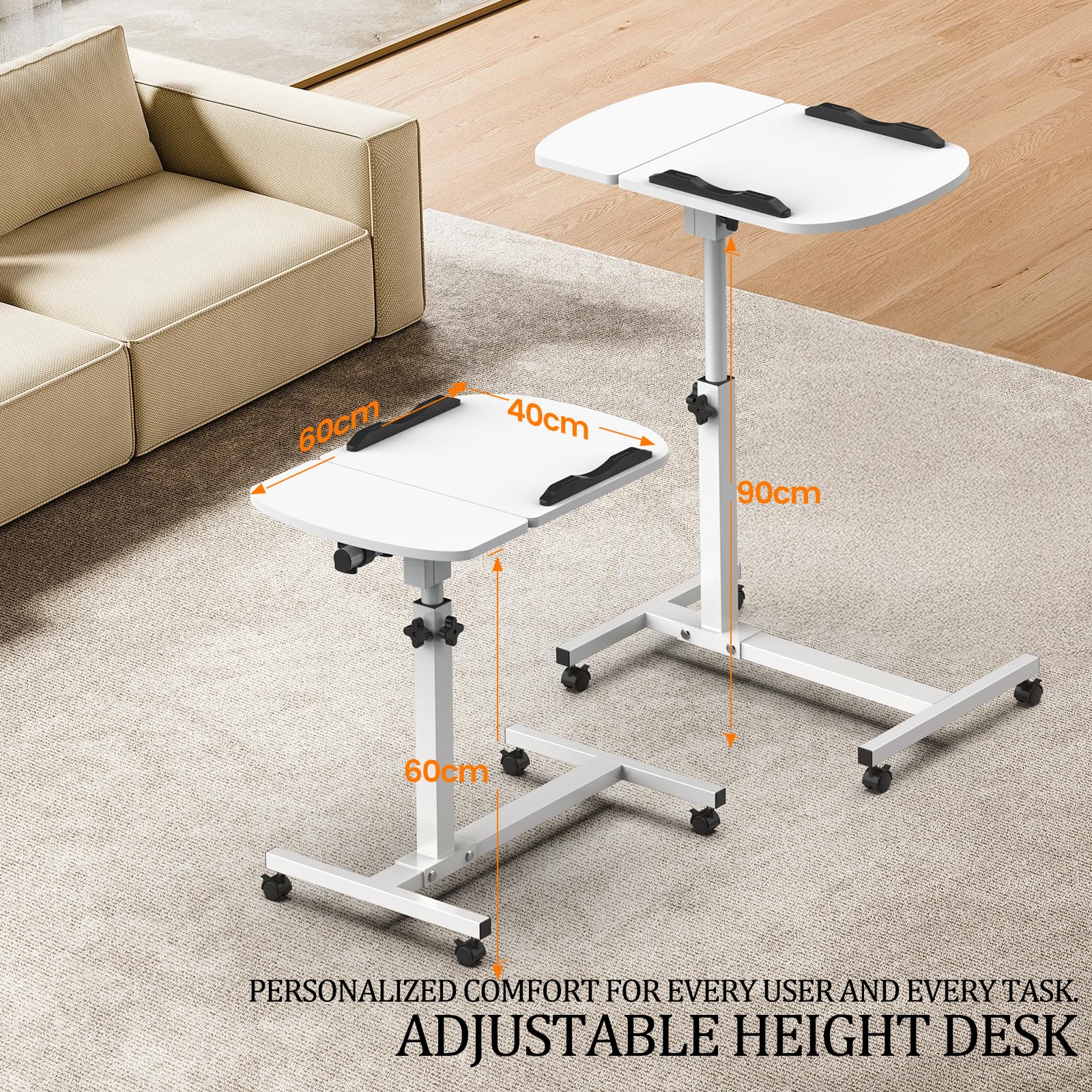 Huracan Table de lit avec roulettes pour ordinateur portable, réglable en hauteur, 59 à 89 cm, double plateau 40 x 40 et 20 x 40, mobile, table de chevet, pour lit d'hôpital, chambre et salon, blanche