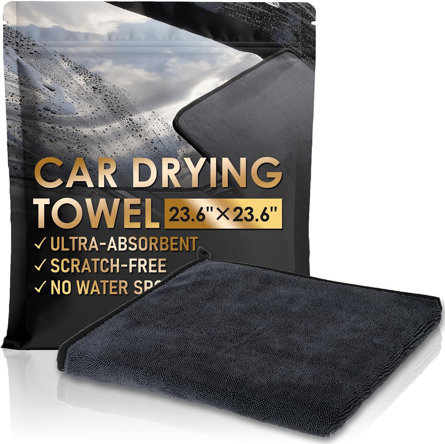 Yours Car Drying Towel, Double-Sided Microfiber Towel for Cars, Ultra Absorbent, Lint-Free, Streak-Free, Reusable, 23.6 x 23.6 in, Black (Large)