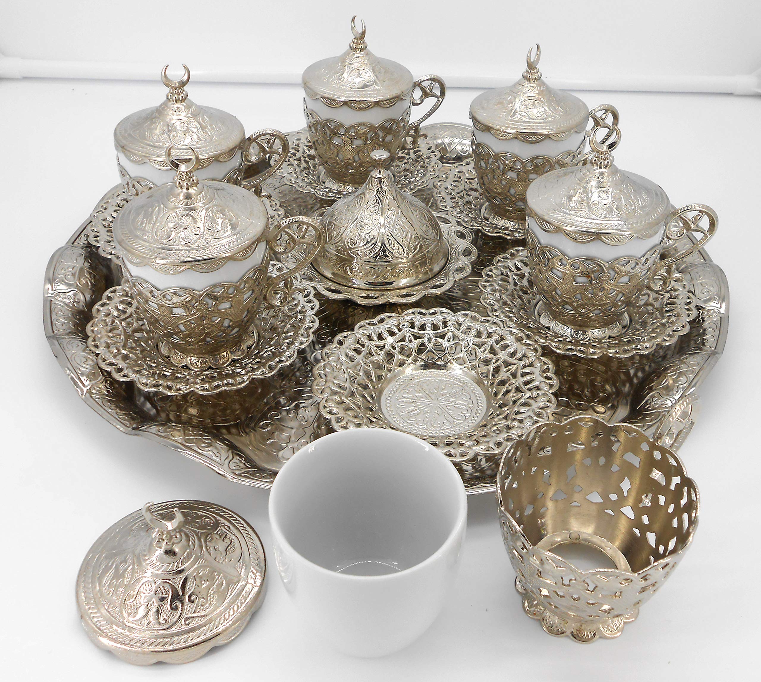 Silver color Set of 6 coffee cup with metal saucer, cup holder, lid& tray/Moroccan drink ware/Home decorative