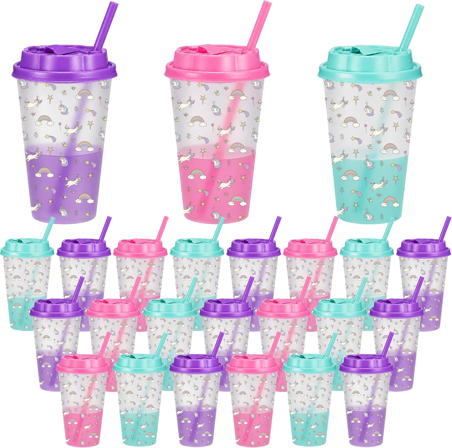 12 Pcs Unicorn Party Favors 16oz Plastic Cups with Lids and Straws