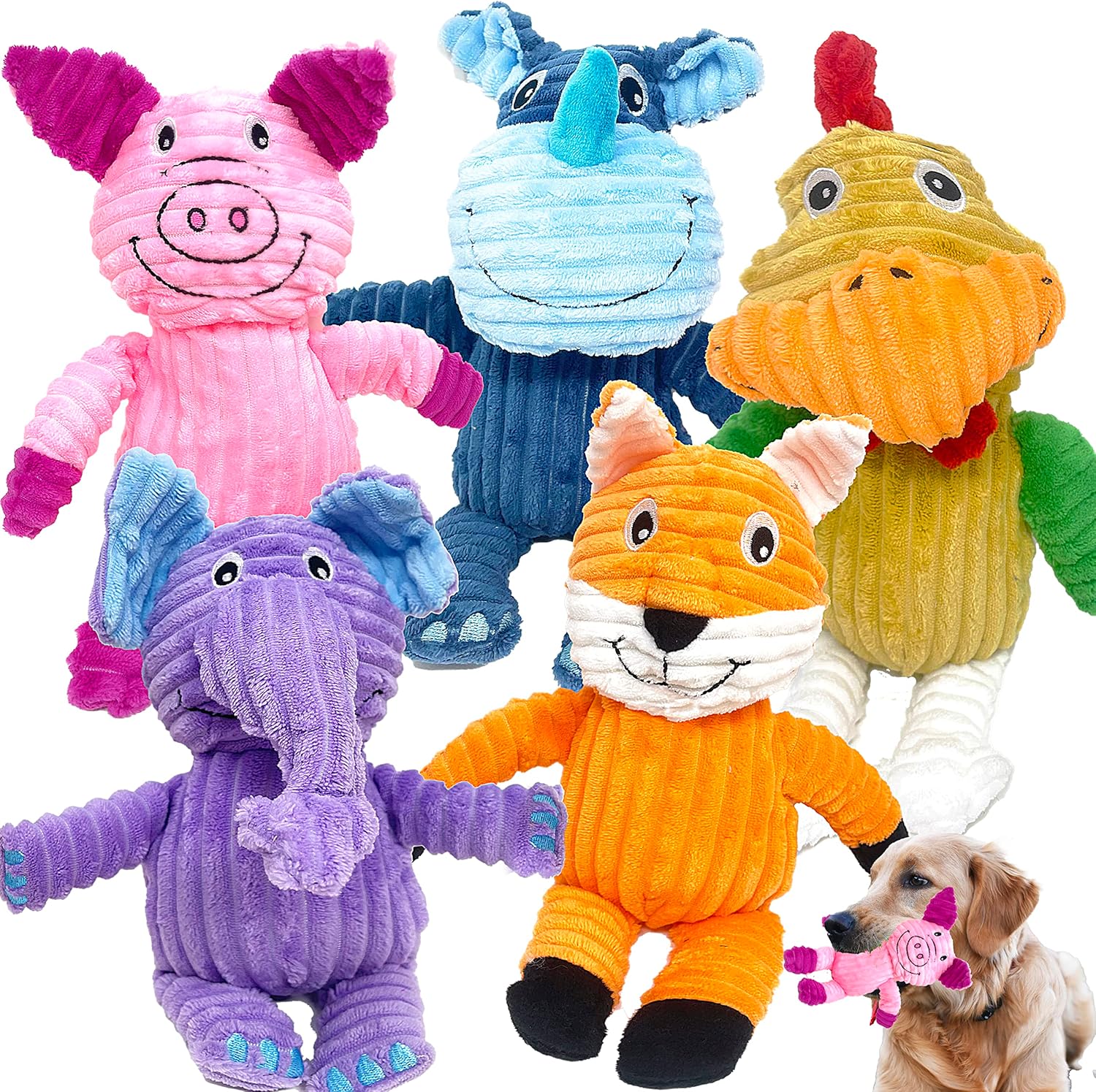Jalousie 5 Pack Tough Plush Animal Dog Toys Assortment Value Bundle Dog