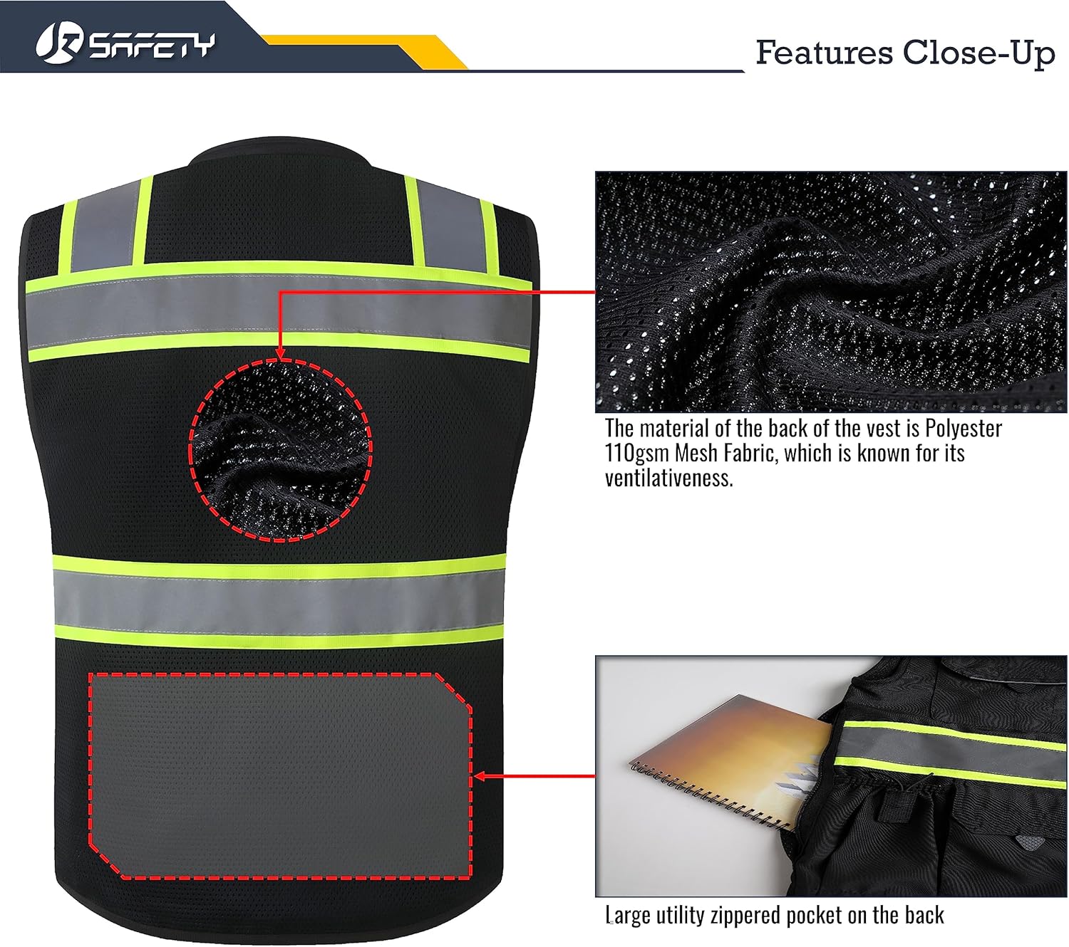 JKSafety Hi-Vis Unisex Surveyor Safety Vest Heavy Duty PPE Inner Pockets ANSI/ISEA Compliant - Image 5
