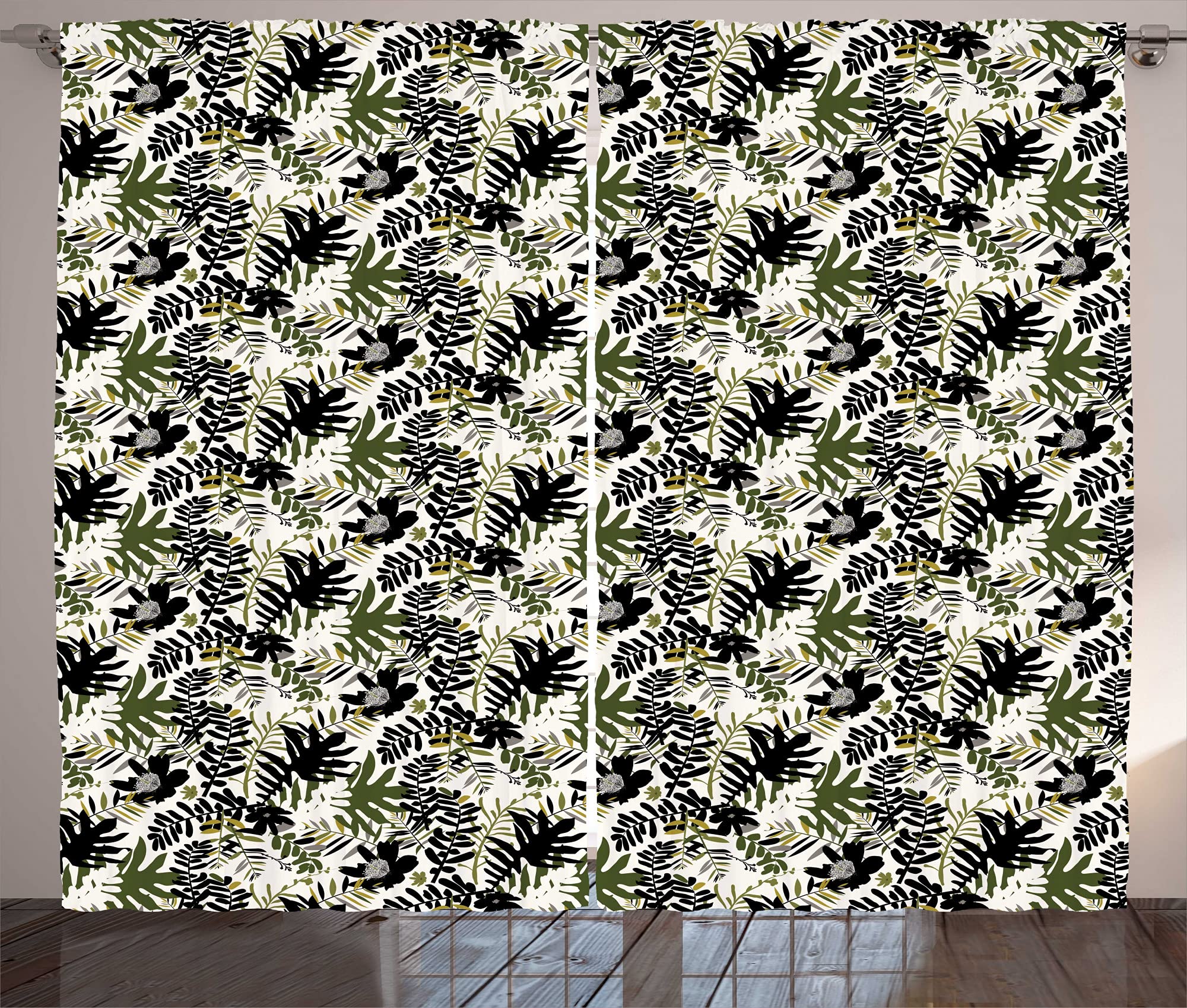 ABAKUHAUSForest Rustic Curtain, Exotic Fern and Palm Leaves, Living Room Universal Tape Curtains with Loops and Hooks, 280 x 260 cm, Coco Grey Army Green