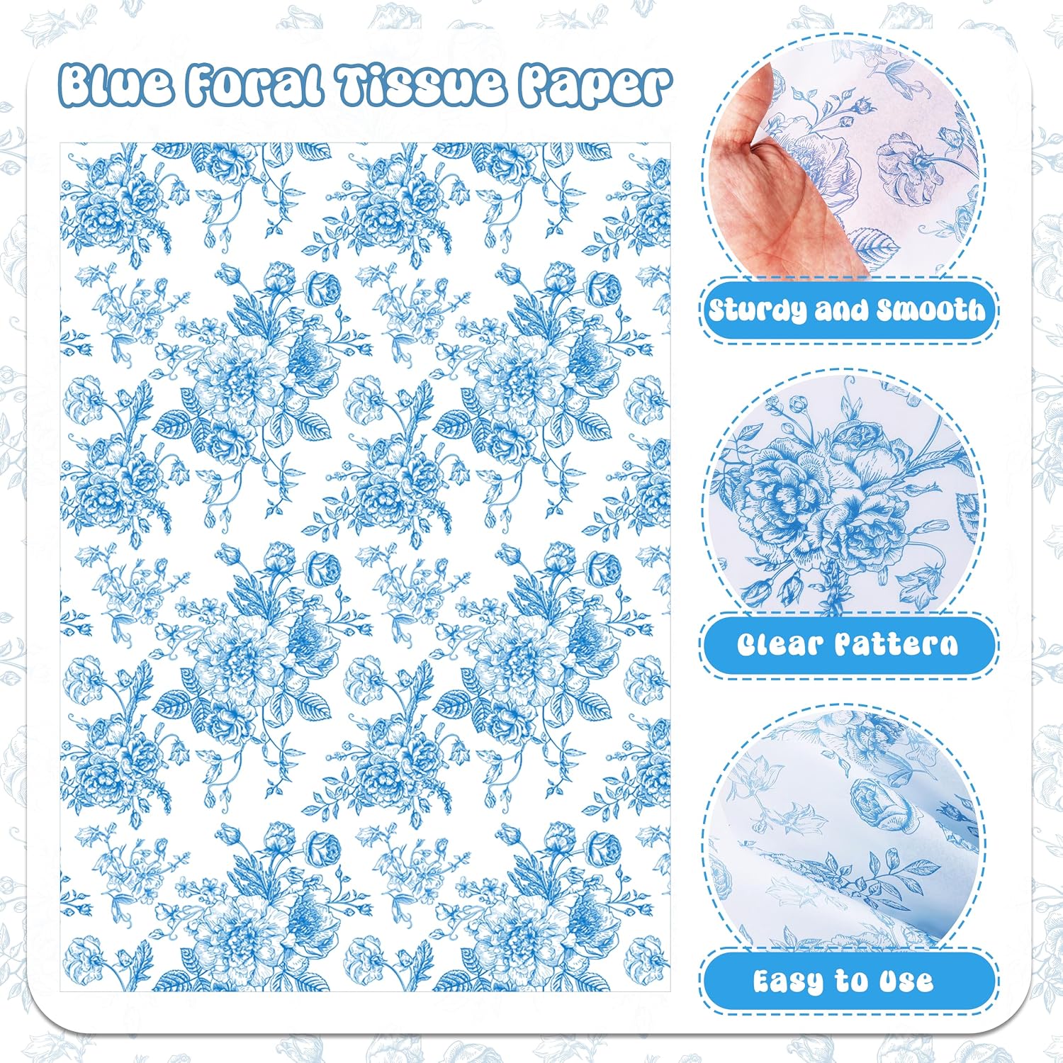 60 Sheet Blue Floral Tissue Paper, 20x14 inch Chinoiserie Gift Wrapping Tissue Paper for Birthday Wedding Baby Shower Party Supplies