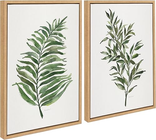 Miniatura 2 de Kate and Laurel Patricia Shaw - Juego de arte de pared en lienzo enmarcado de helecho verde y rusco, 2 piezas de 18 x 24 pulgadas, natural, hojas de
