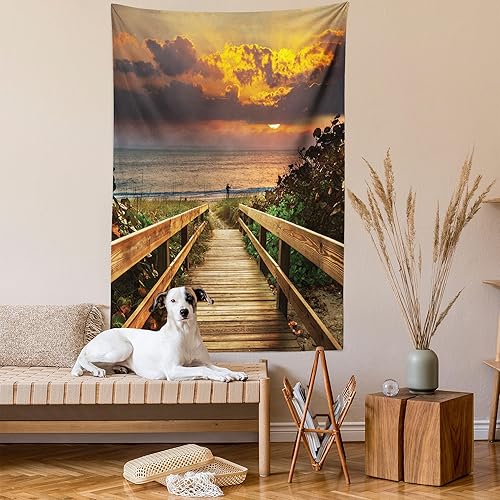 Miniatura 2 de Ambesonne Tapiz de paisaje, muelle de madera a la tranquila playa idílica con hierbas y arbustos al atardecer mar, colgante de pared para