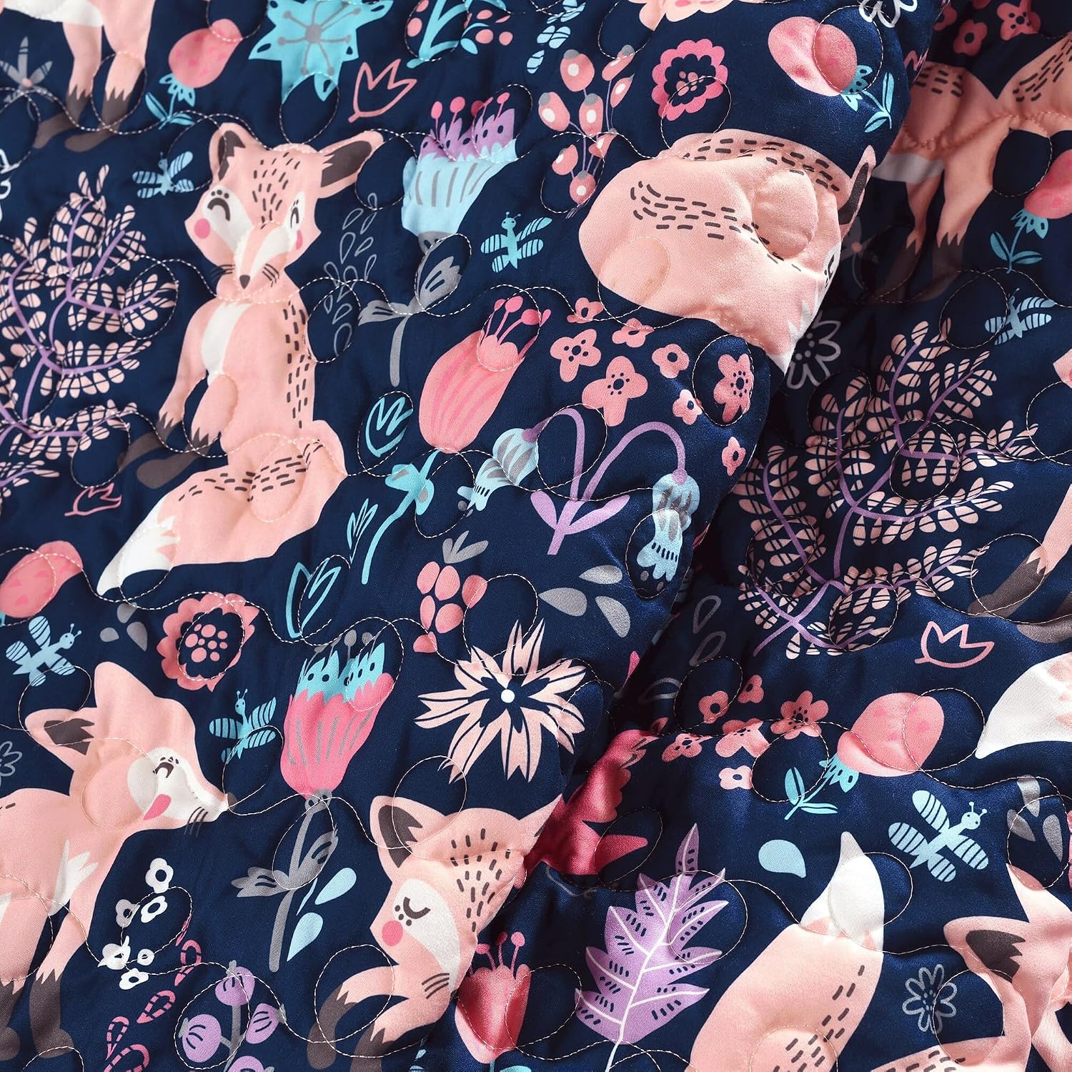 Lush Decor Pixie Fox Sherpa Throw Blanket 50”W x 60" L Navy & Pink - Sherpa Blankets - Toddler Blanket for Bed - Pink Girls Room Decor - Floral Throw image 2