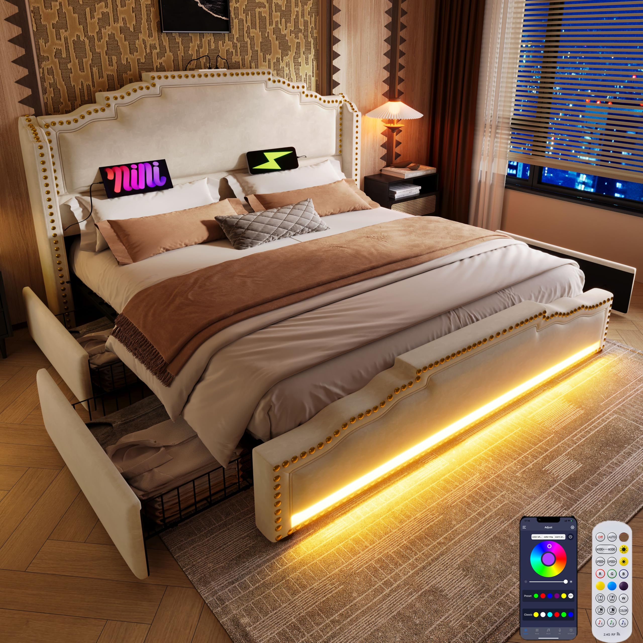Letto Matrimoniale 180x200 con LED e USB, Letto una piazza e mezza con 4 cassetti, Letto Imbottito con rete a doghe e testiera, Struttura Letto Matrimoniale in Velluto Beige (Senza Materasso)