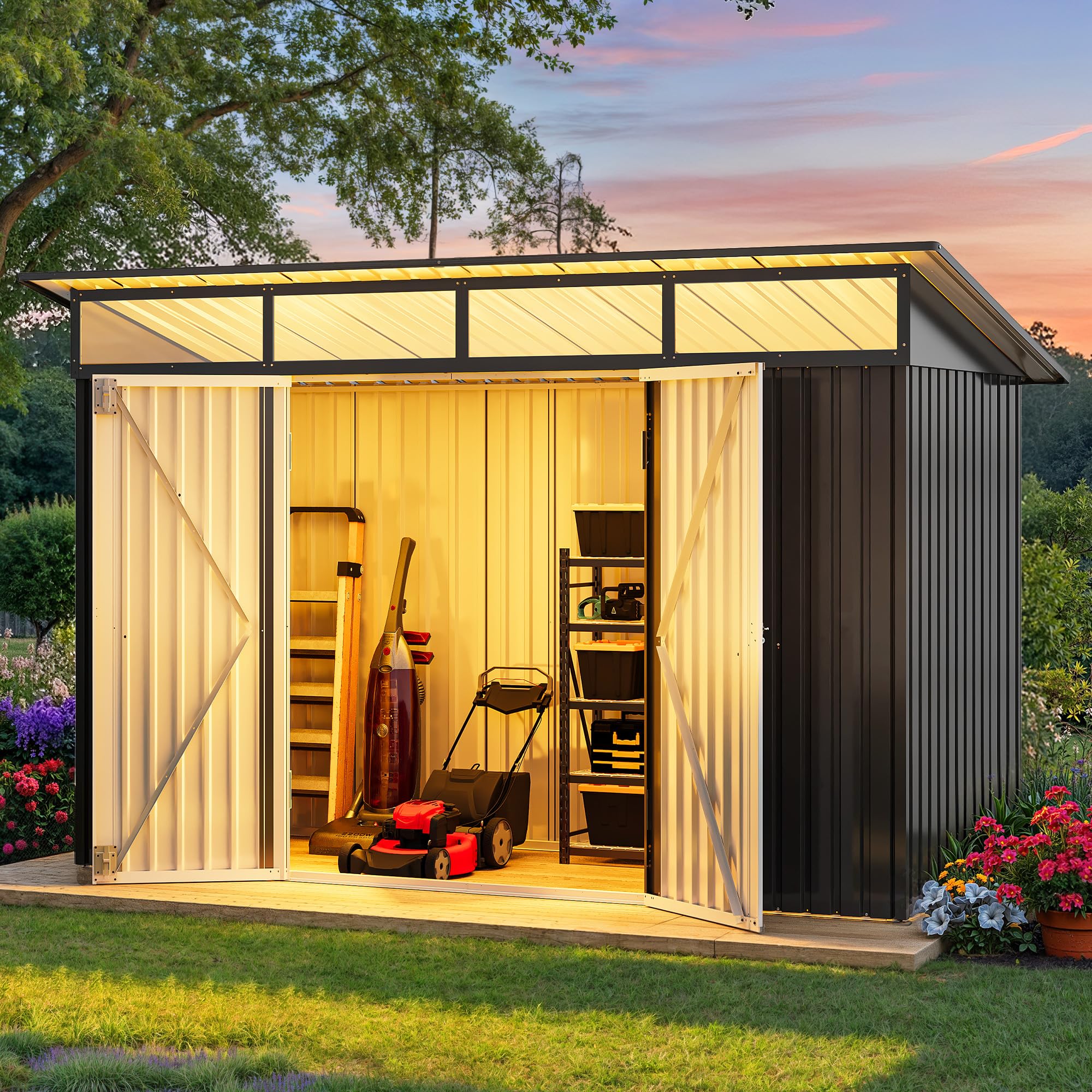 DWVO 9x4 FT Outdoor Storage Shed with Acrylic Windows, Utility Tool Shed Metal Storage Garden Shed with Door &amp; Lock for Bike Storage, Waterproof Trash Shed for Backyard Garden Patio, Dark Dray