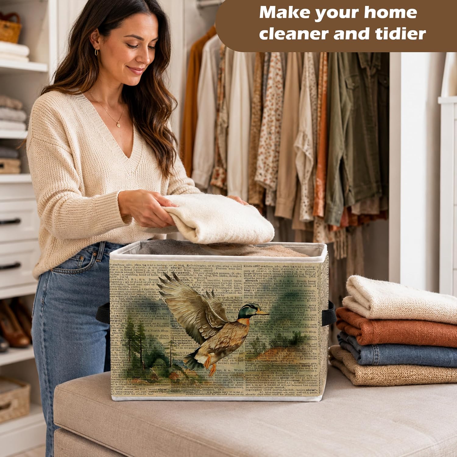 Vintage Flying Mallard Duck Storage Bin Box with Handles, Mallard Duck Gifts Foldable Organizer Basket decor for Boys Nursery Kids Room Playroom Bathroom Clothes Books