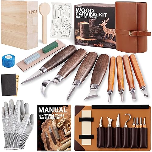 Wood Carving Kit Whittling Kit: Deluxe Wood Carving Tools Set with Leather Case - Wood Carving Knife with Basswood Blocks Woodworking Widdle Gift for Beginners Adults Kids Hobby