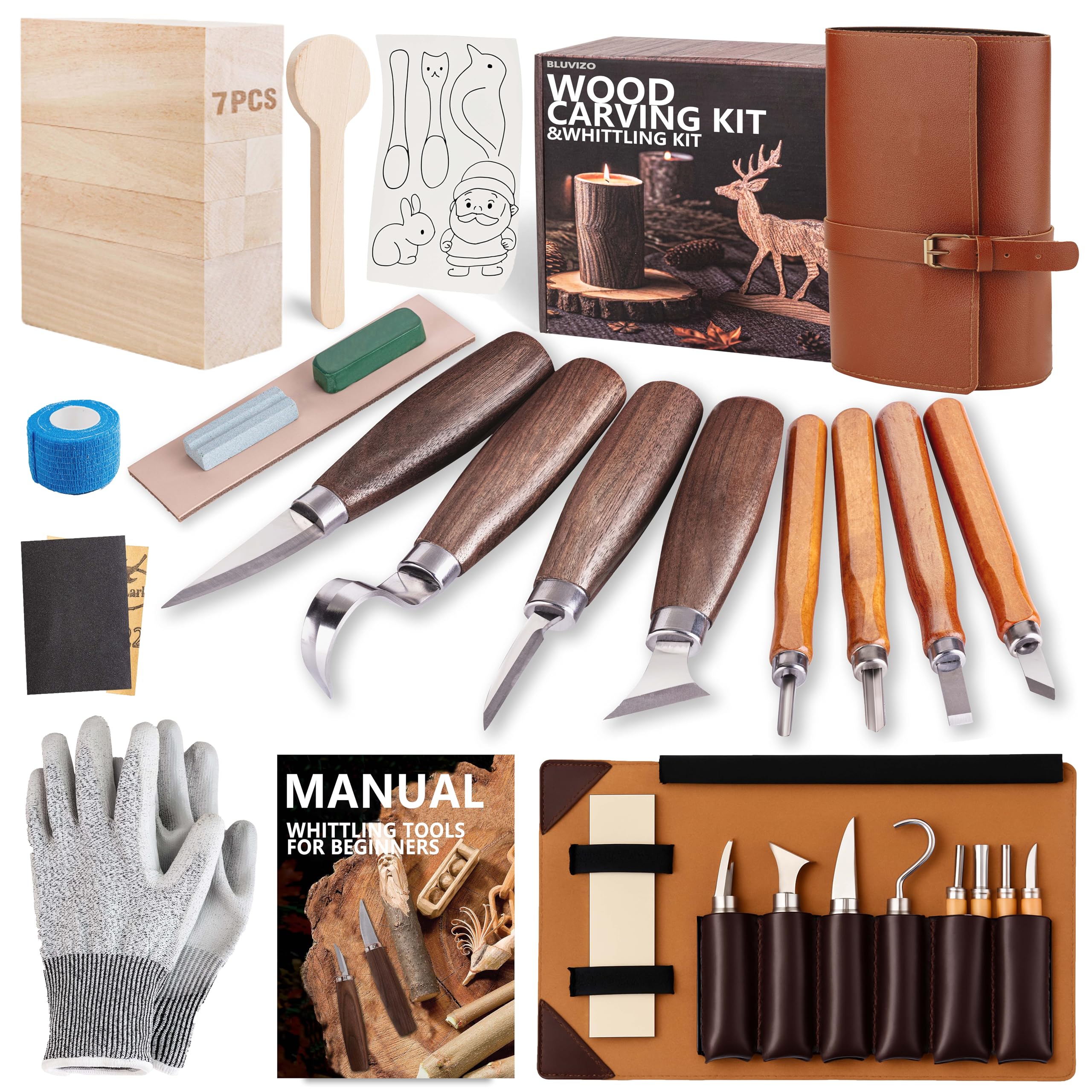 Wood Carving Kit Whittling Kit: Deluxe Wood Carving Tools Set with Leather Case - Wood Carving Knife with Basswood Blocks Woodworking Widdle Gift for Beginners Adults Kids Hobby