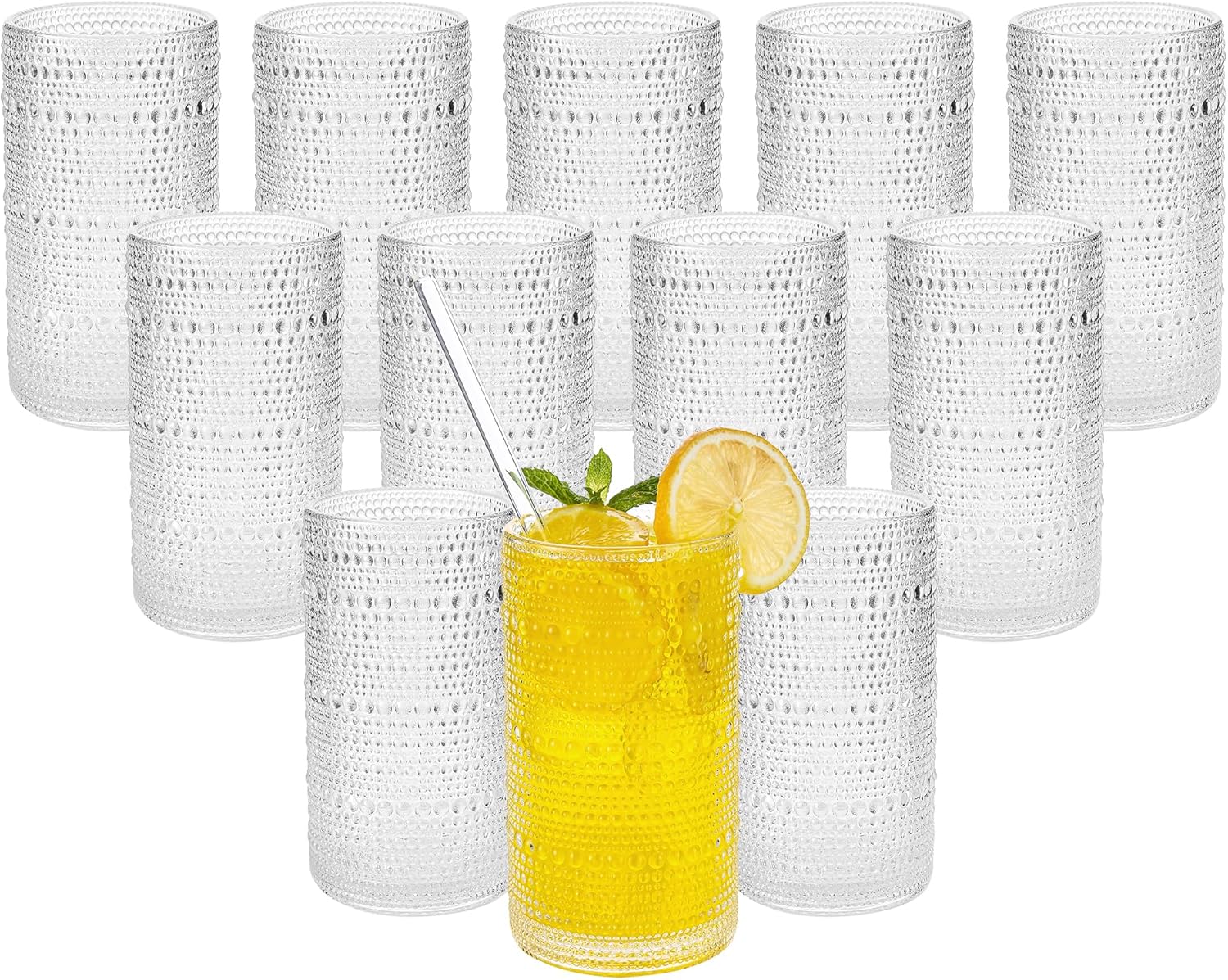 Vintage Hobnail Drinking Glasses Set of 12, 16 oz Large Capacity Embossed Clear Tumblers, Highball Glasses for Water, Cocktail, Beer, Whiskey, Kitchen & Bar Use