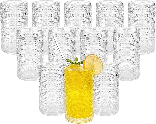 Juego de 12 vasos para beber vintage Hobnail de gran capacidad, vasos transparentes en relieve de 16 onzas, vasos altos para agua, cóctel, cerveza,