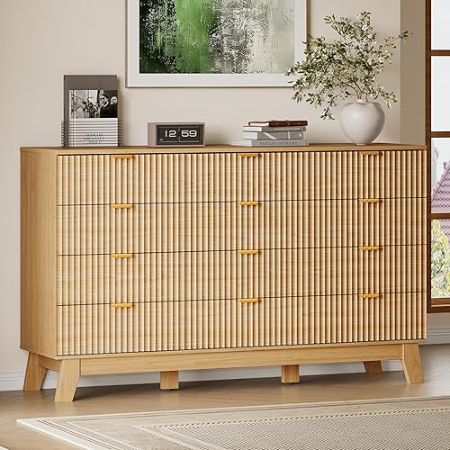 Miniatura 26 de Cómoda de 8 cajones con diseño acanalado, cómoda de 47.2" de ancho con 4 cajones modernos de estilo bohemio, cómoda de almacenamiento de madera