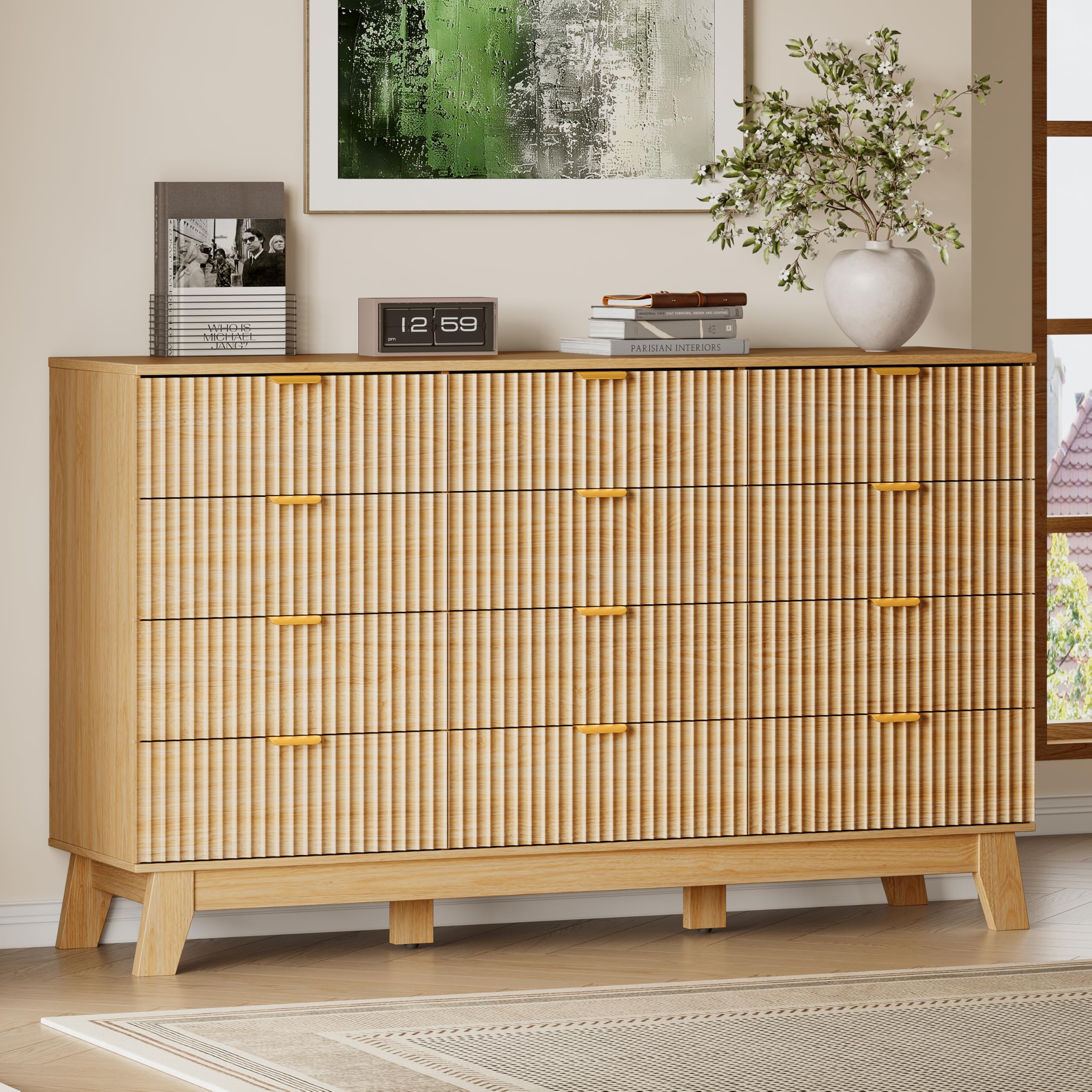 BORNOON 57" Wide Dresser for Bedroom, 12-Drawer Fluted Dresser with Metal Handles, Wood Chest of Drawers with Smooth Slides and Stable Base, Modern Storage Cabinet for Living Room, Nursery