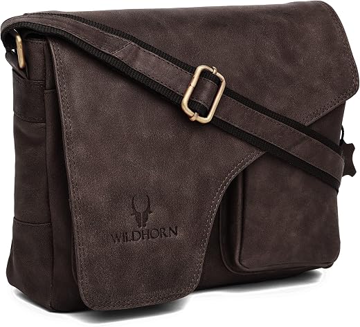 WildHorn Genuine Leather Messenger Bag for Men | Compact, Stylish & Durable | Flap Closure | Adjustable Strap | 1-Year War...