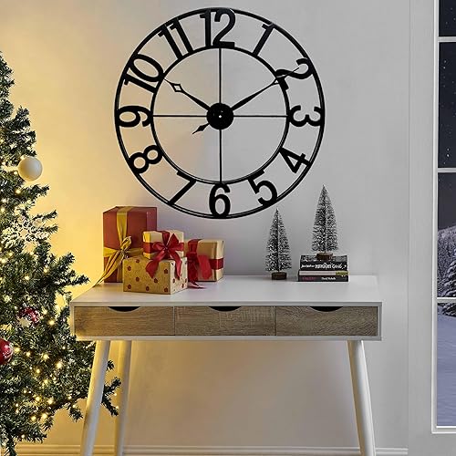 Miniatura 6 de CLXEAST Relojes de pared de 30 pulgadas para decoración de sala de estar, reloj de pared grande de metal negro decorativo, número arábigo regular
