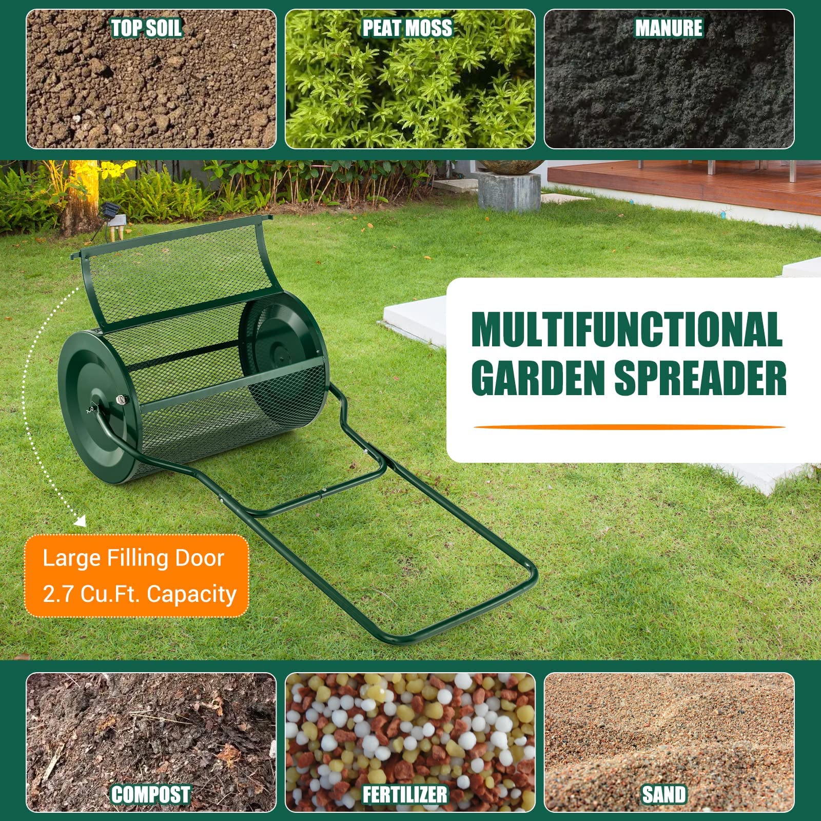 Esparcidor de turba, esparcidor de abono, esparcidor de césped y jardín, esparcidor de semillas, para césped, esparcidor de abono fertilizante para jardín, esparcidores de rodillos, esparcidor de se