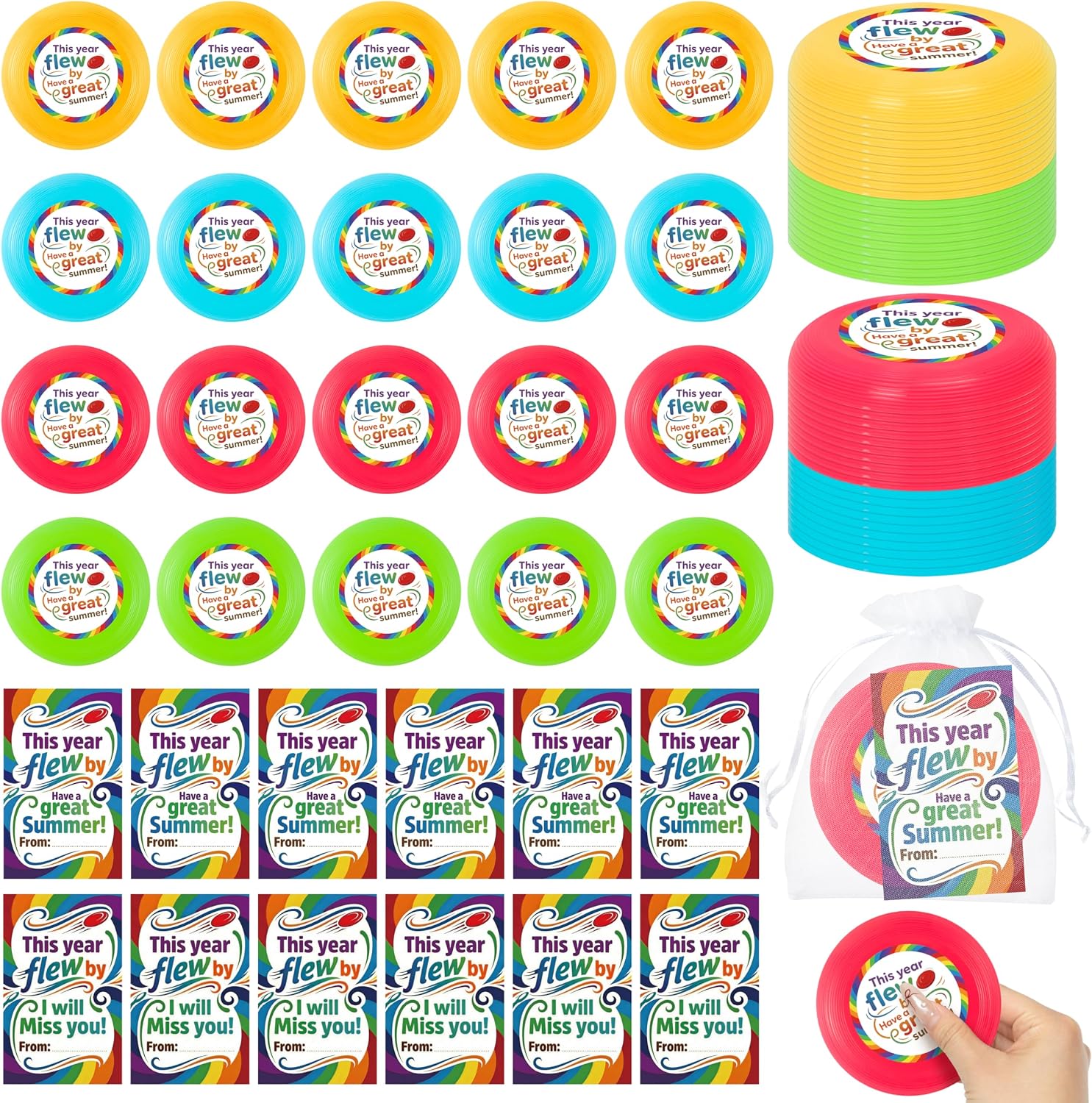 R HORSE End of The Year Gifts for Students Bulk - 48Pcs Inspirational Flying Disc Fans Set with Cards & Bags, Motivational Student Rewards for Summer Outdoor Activities Games Beach School Party Favors