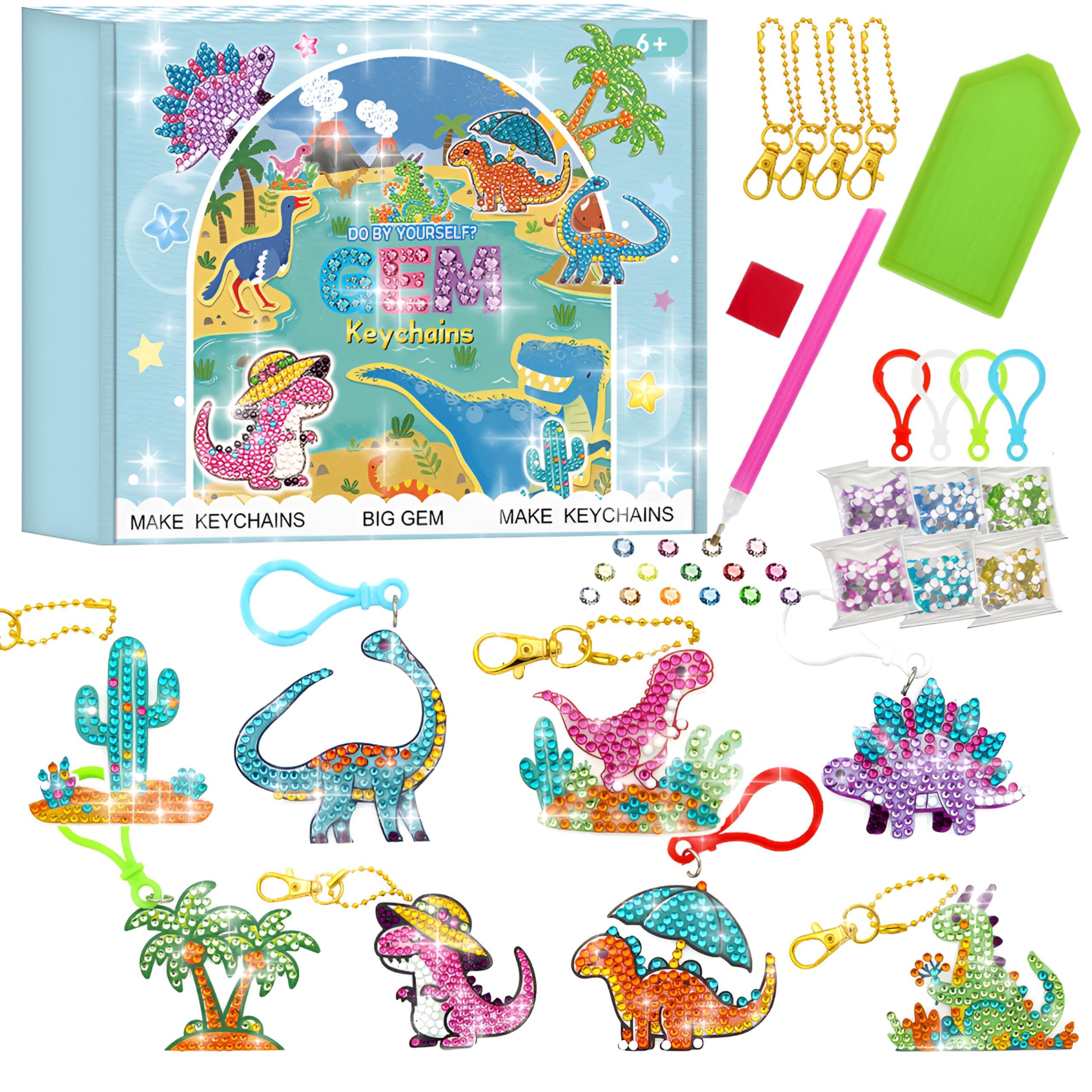 CAYUDEN Diamond Painting Keychain Making Kit, 8pcs DIY Arts and Crafts for Kids, Dinosaur Ornaments Make Your Own Keyrings for Birthday Gifts, 5D Gem Art Keychain Making Kit for Kid Ages 4 6 8 10 — image 1