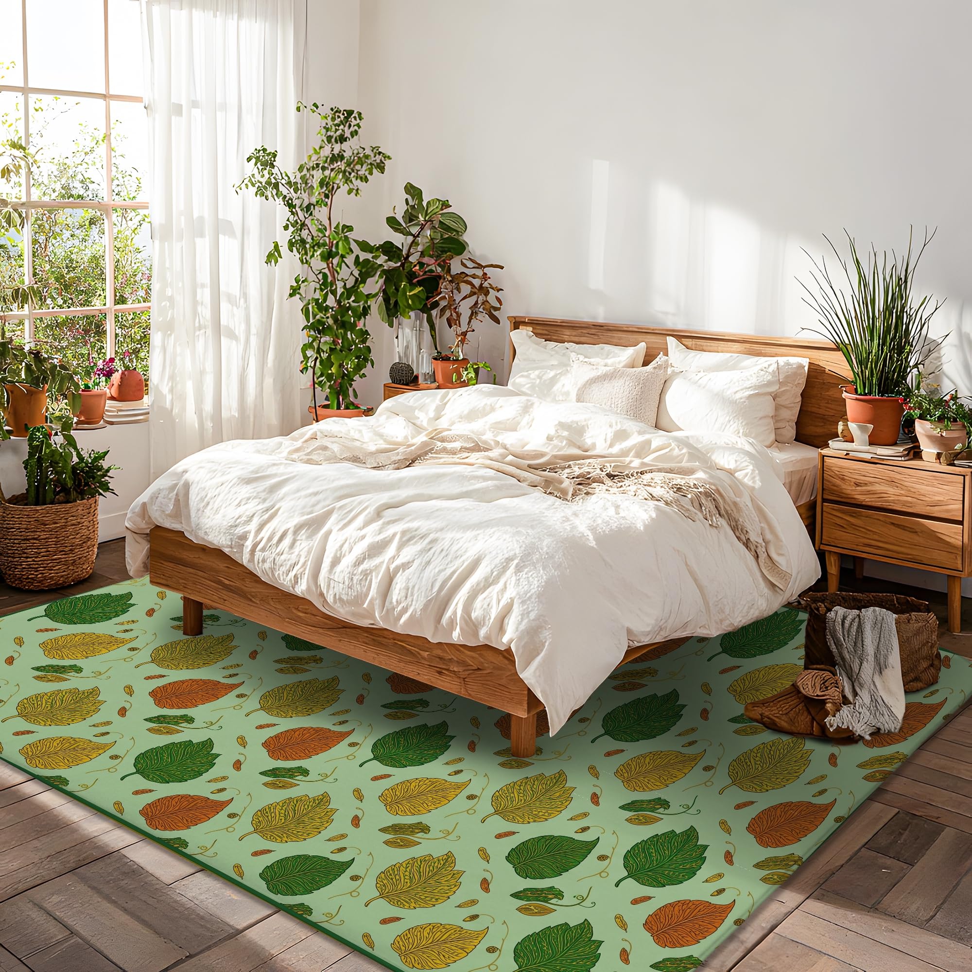Alfombra de área de hojas, ramas rústicas de temporada, bayas, color verde otoño, antideslizante, estética, rectangular, alfombra para el hogar, sala de estar, dormitorio, debajo de la mesa